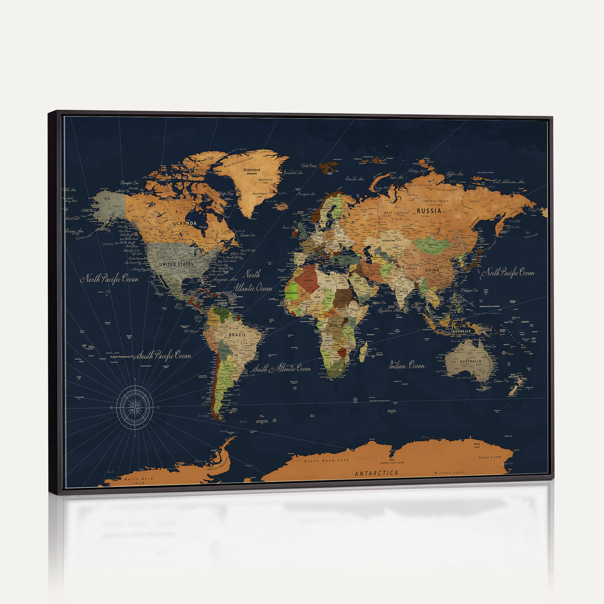 11715182-MGV-CV-36X24 - Modern World Map Canvas Print, Framed Detailed Map of the World Wall Art