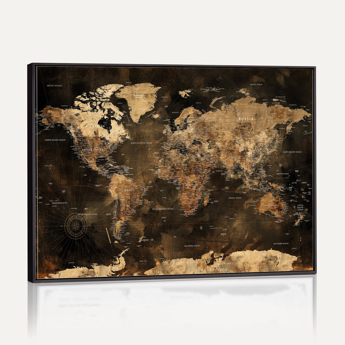 97742922-MGV-CV-36X24 - World Map Canvas Print, Modern Decorative Framed Map Artwork