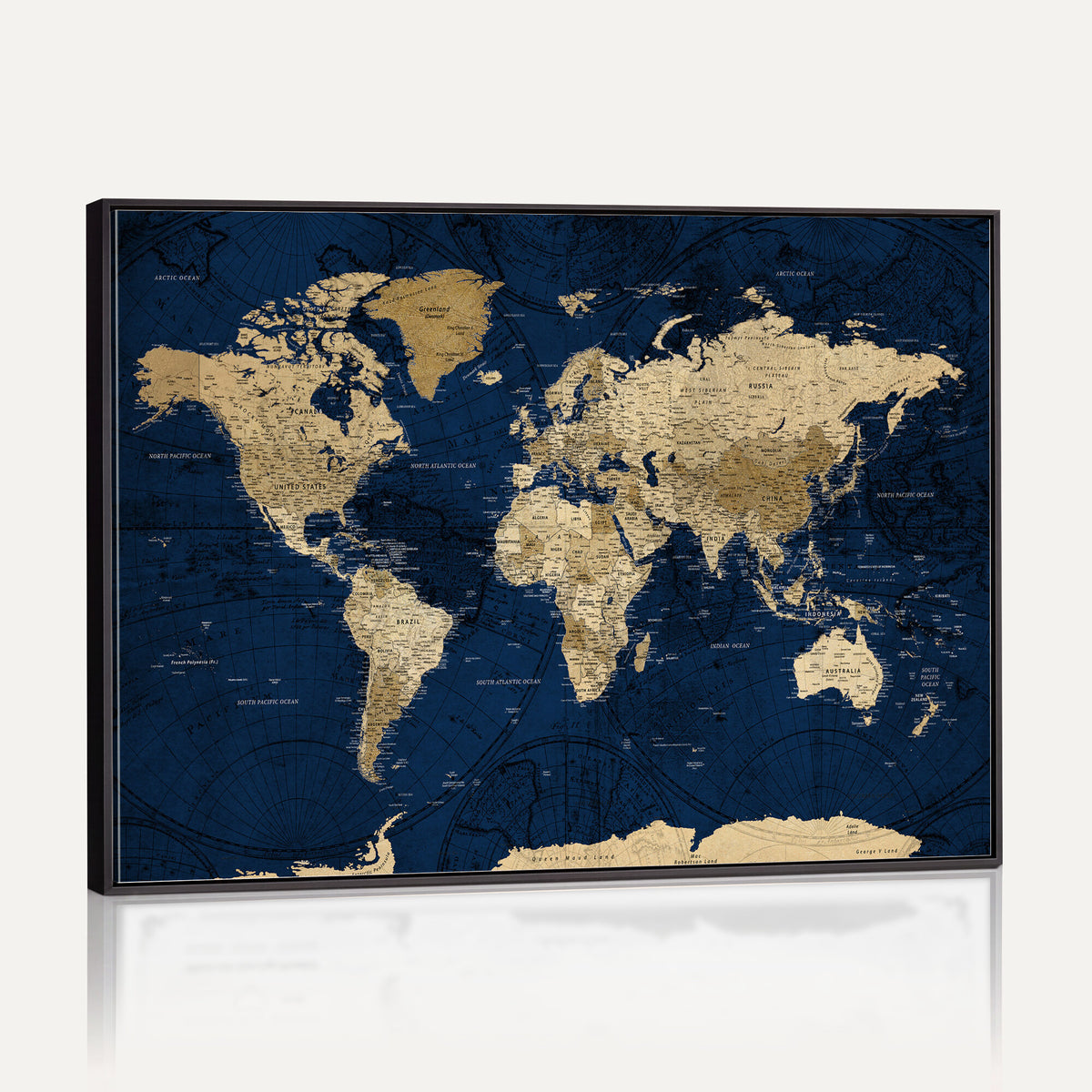 54770746-MGV-CV-36X24 - Navy Blue World Map Canvas Print – Detailed Map Minimal Navy