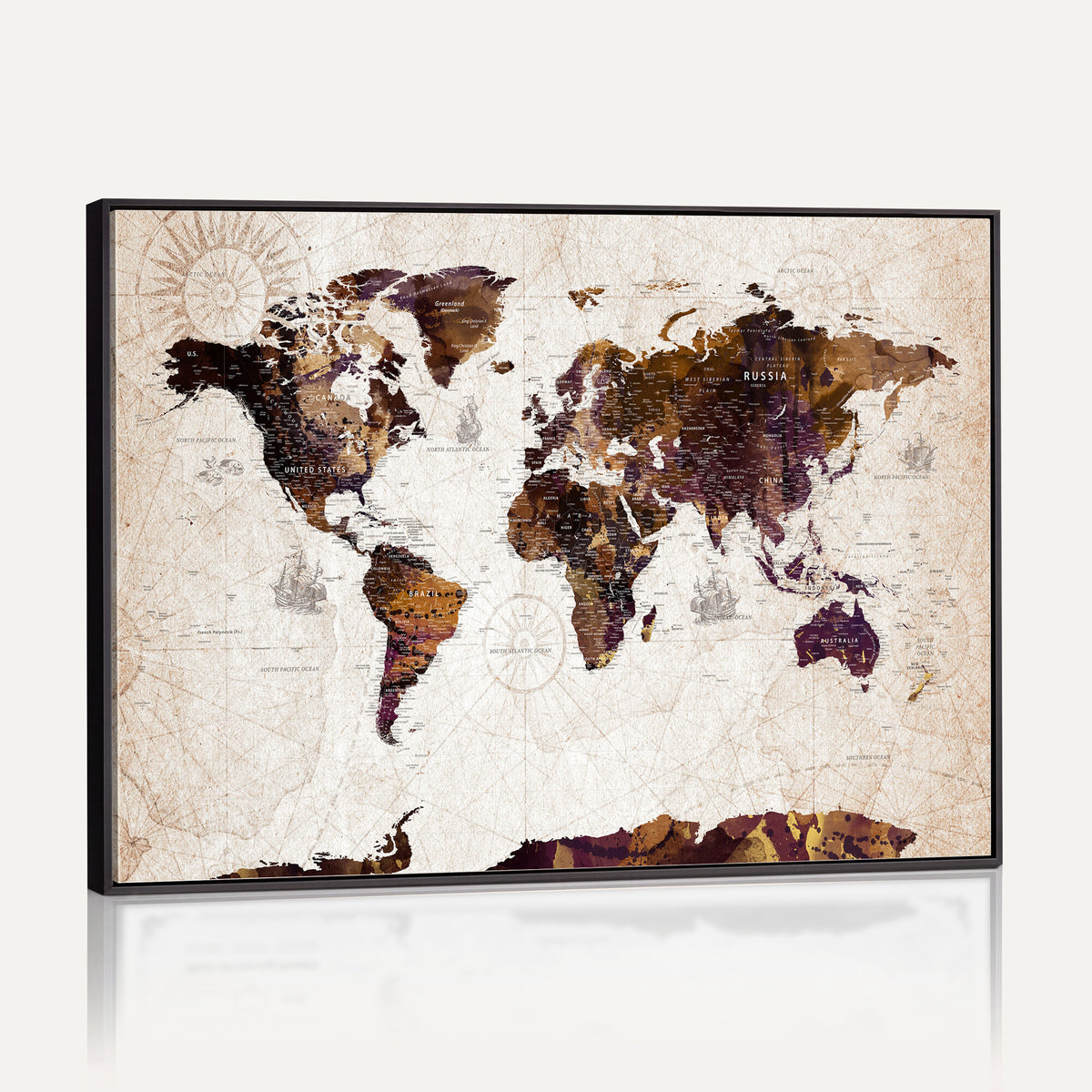 53400857-MGV-CV-36X24 - Blue Watercolor World Map Canvas Print – Framed Modern Wall