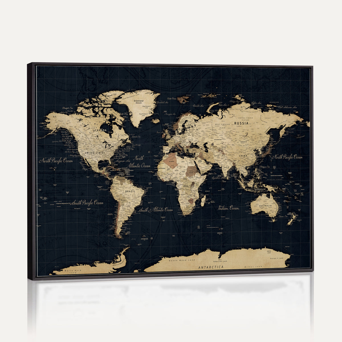 45063434-MGV-CV-36X24 - Dark World Map Canvas Wall Art Print, Minimal Black and Gold Map