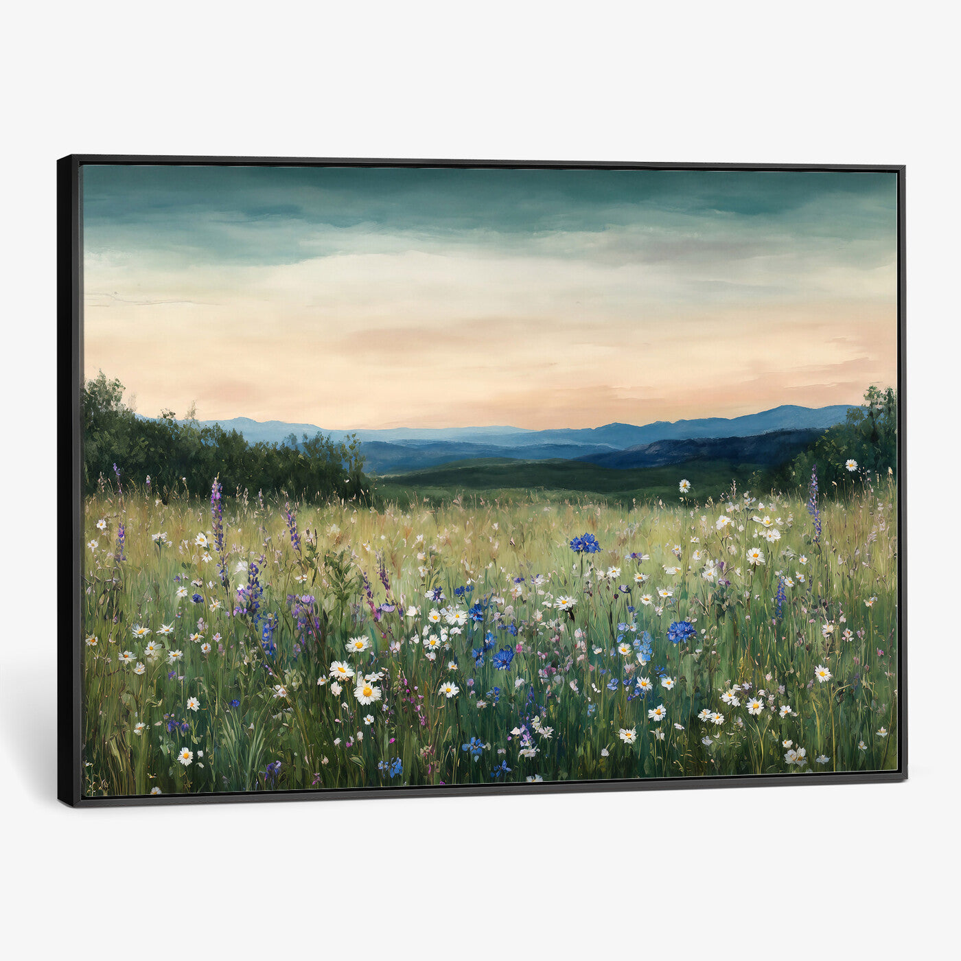 35773805-MGV-CV-36X24 - Wildflower Meadow Oil Painting Canvas Print - Daisy Lavender Mountain Sunset Print | Cottagecore Floral Wall Art - Bedroom Decor Gift for Her