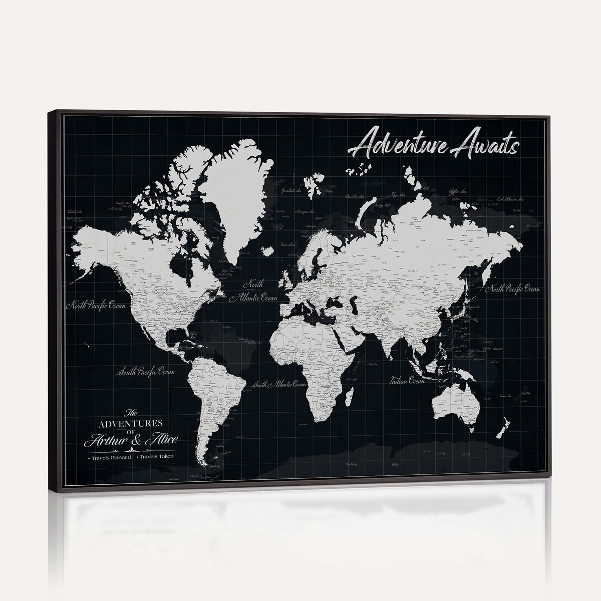 19855445B-MGV-CV-36X24 - Personalized Black Push Pin Travel Map Canvas Print, Couples Countries Visited Map, Entryway and Hallway Decor