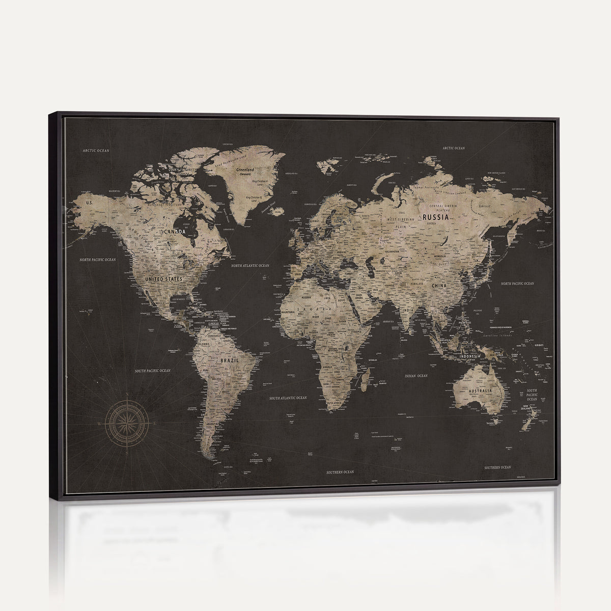 56556018136-MGV-CV-36X24 - World Map Canvas Wall Art, Dark Charcoal and Antique Tan Detailed Map