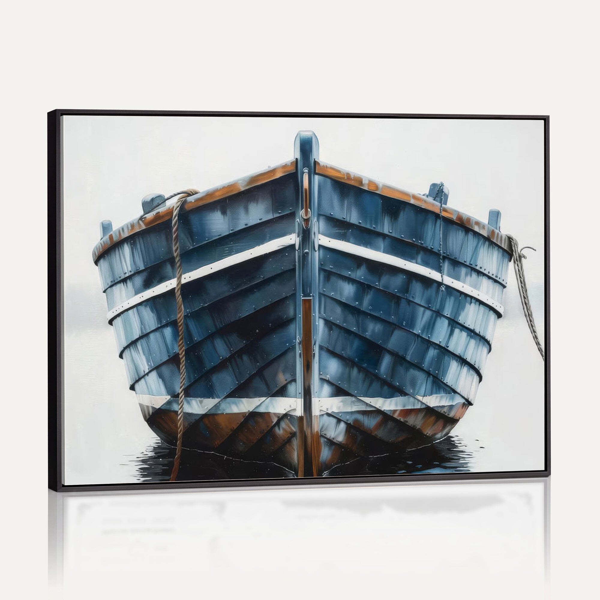 21601740-MGV-CV-36X24 - Blue Wooden Rowboat Canvas Wall Art, Coastal Nautical Boat Painting Print for Lake Beach House Decor, Minimalist Maritime Decor Artwork