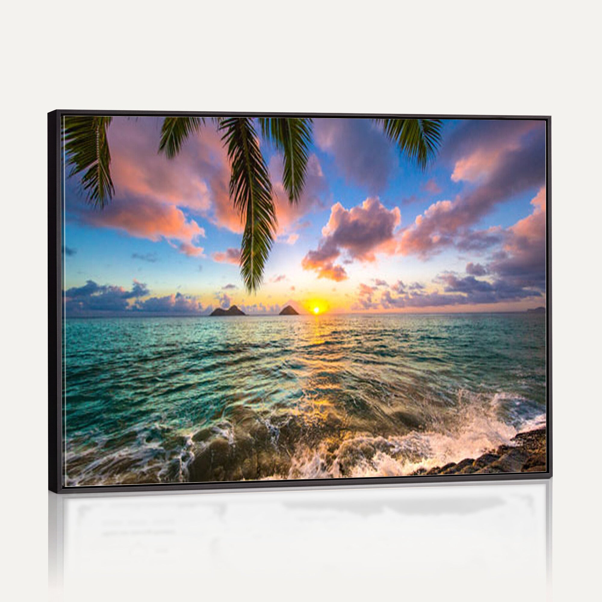 13207742-MGV-CV-36X24 - Hawaii Beach Sunset Canvas Wall Art Print, Tropical Ocean Landscape Artwork, Palm Tree Coastal Decor for Living Room Bedroom