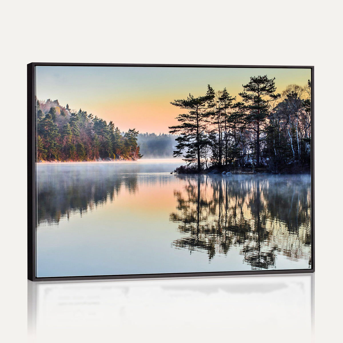 34236027-MGV-CV-36X24 - Before People Wake Canvas Wall Art Print, Misty Lake Sunrise Landscape, Forest Reflection Nature Decor, Ready to Hang
