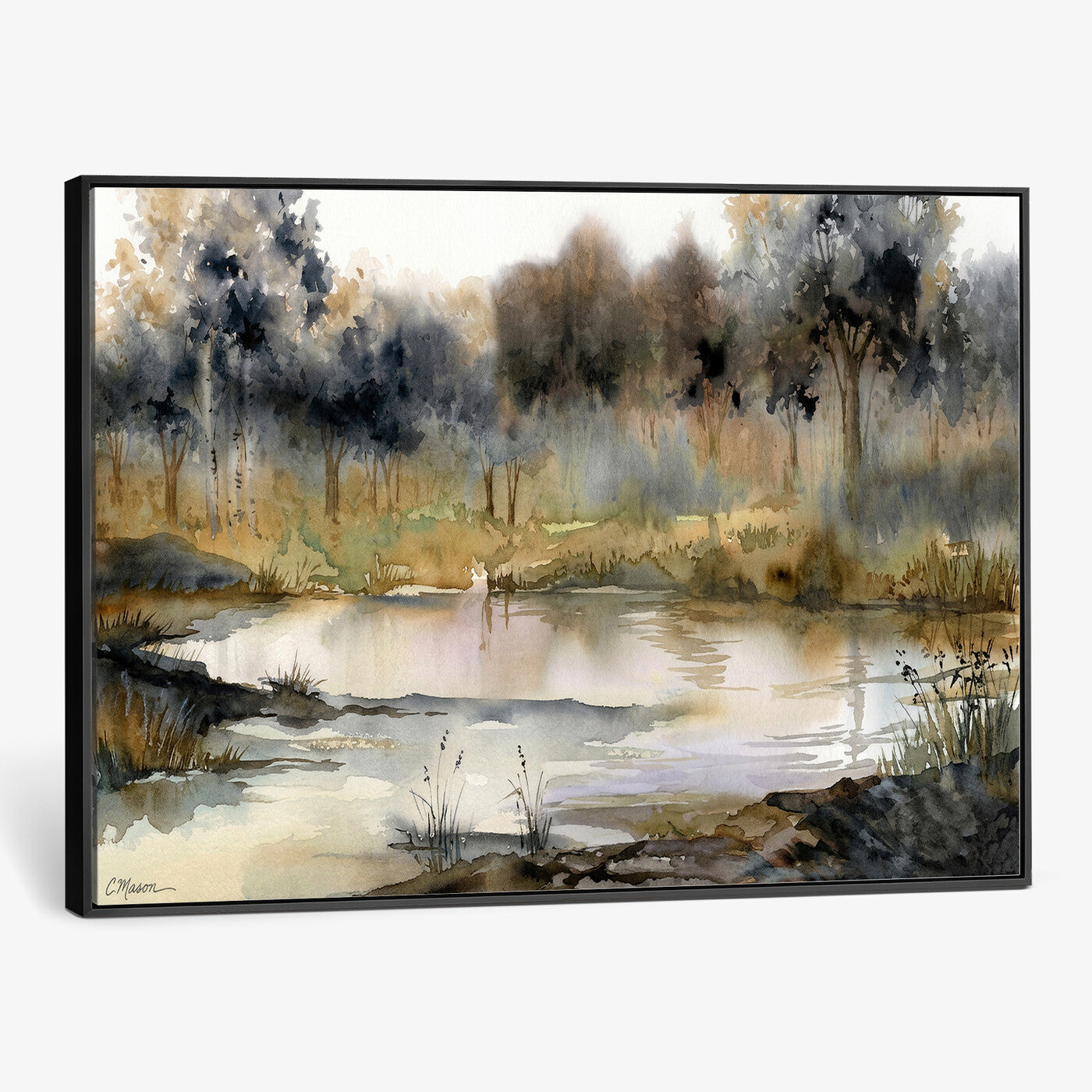 27383609-MGV-CV-36X24 - Abstract Watercolor Autumn Lake Canvas Wall Art Print - Misty Forest Landscape, Rustic Nature Painting, Cabin Wall Decor - Ready to Hang