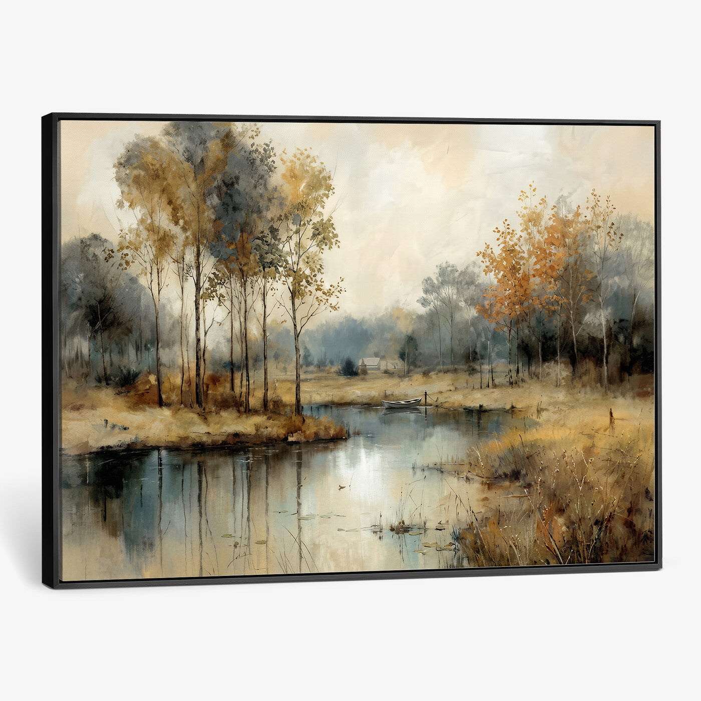 74391095-MGV-CV-36X24 - Abstract WatercolorAutumn Lake Canvas Wall Art Print, Misty Forest Landscape, Rustic Nature Painting, Cabin Wall Decor | Ready to Hang