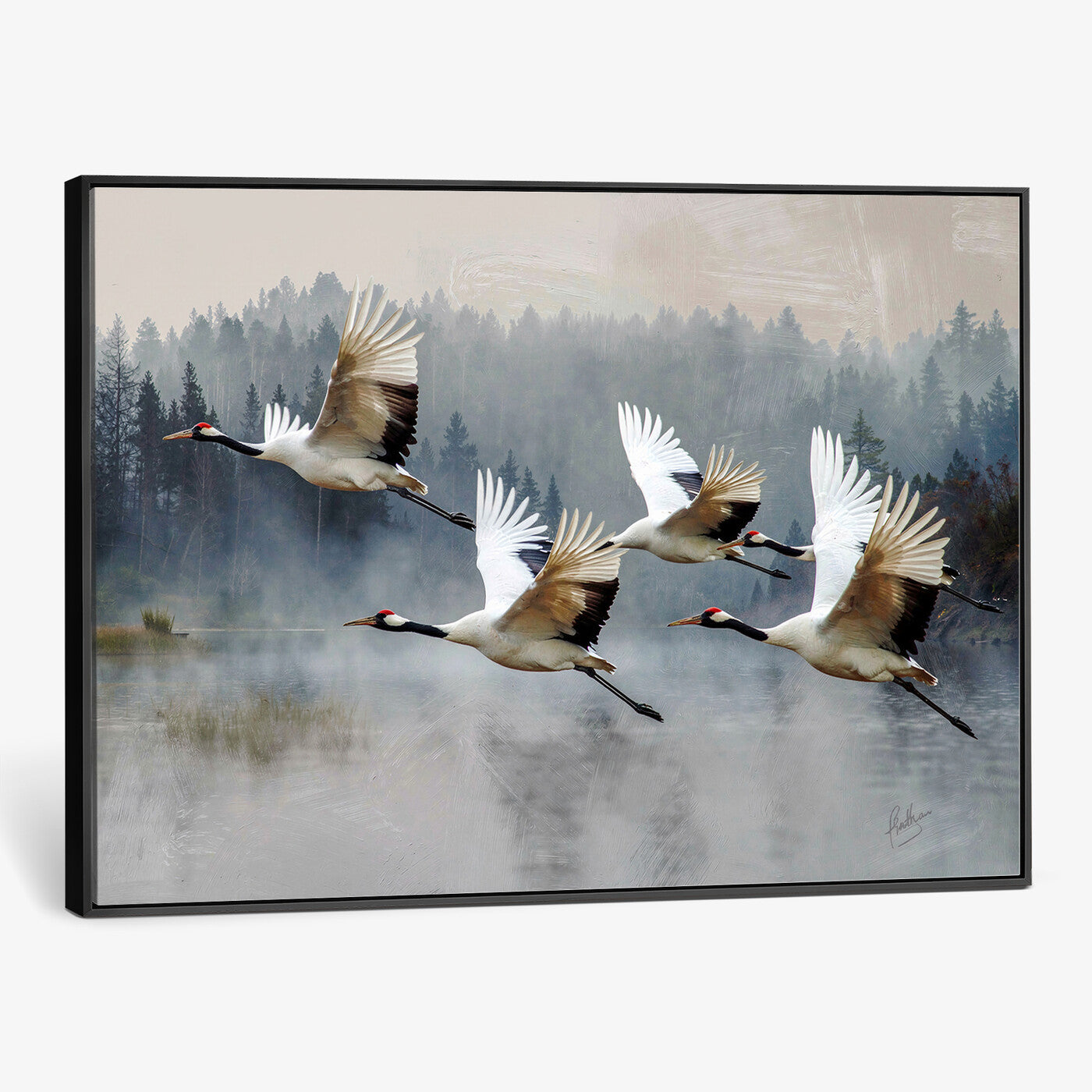 24356826-MGV-CV-36X24 - Flying Crane Canvas Wall Art Print, White Crane Bird Artwork, Wildlife Nature Decor, Lake Landscape Canvas - Ready to Hang