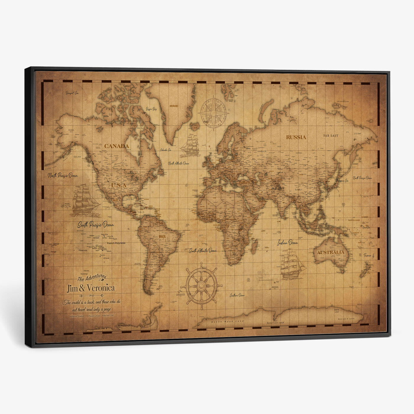 55328610-MGV-CV-36X24 - Personalize Push Pin World Map Wall Art Print - Vintage Travel Map Canvas, Custom Names Anniversary Gift, Places Visited Pin Board