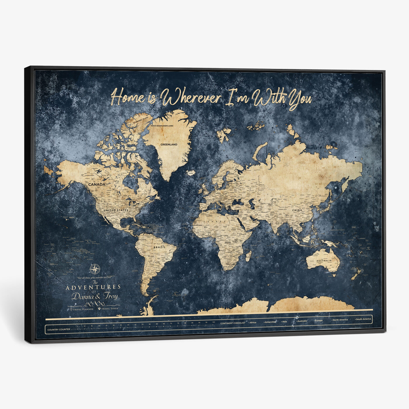 400867BL-MGV-CV-36X24 - Framed Blue Custom Push Pin World Map Canvas Print – Personalized Travel Map Wall Art