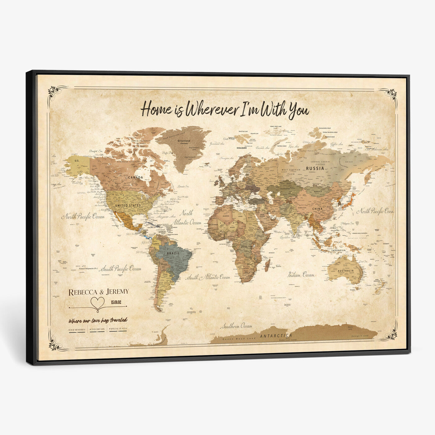 40086165-MGV-CV-36X24 - Framed Vintage Custom Push Pin World Map Canvas Print – Personalized Travel Map Wall Art