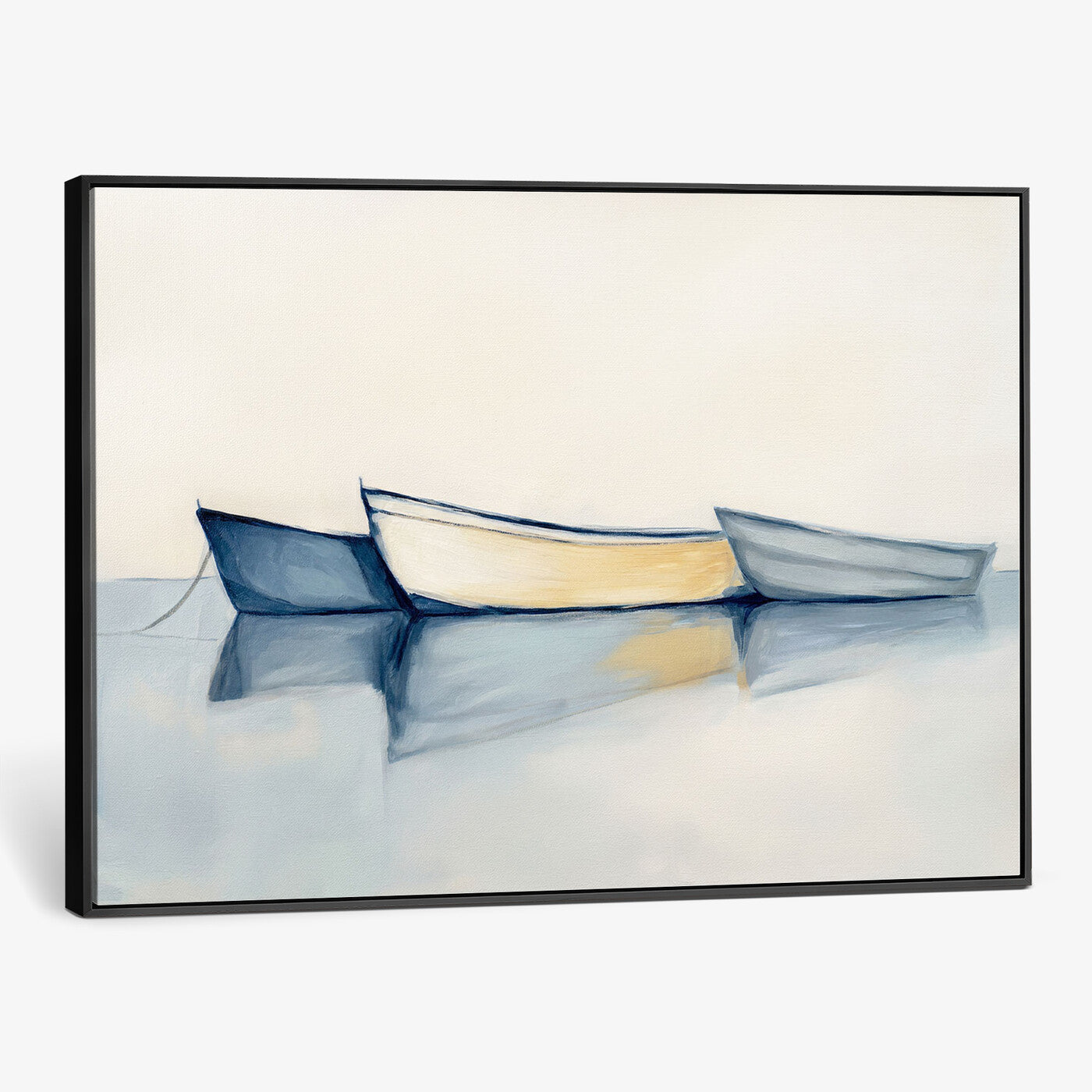 84017361-MGV-CV-36X24 - Abstract Three Boats Reflecting on Water Wall Art Canvas Print - Minimalist Coastal Seascape