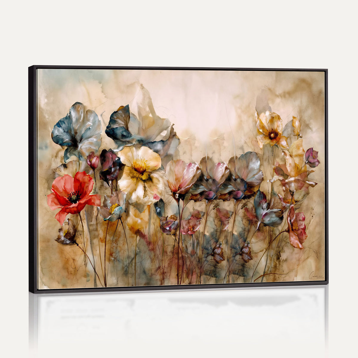 11407233-MGV-CV-36X24 - Vintage Dried Floral Meadow Wall Art Canvas Print, Translucent Watercolor Flowers Painting Print