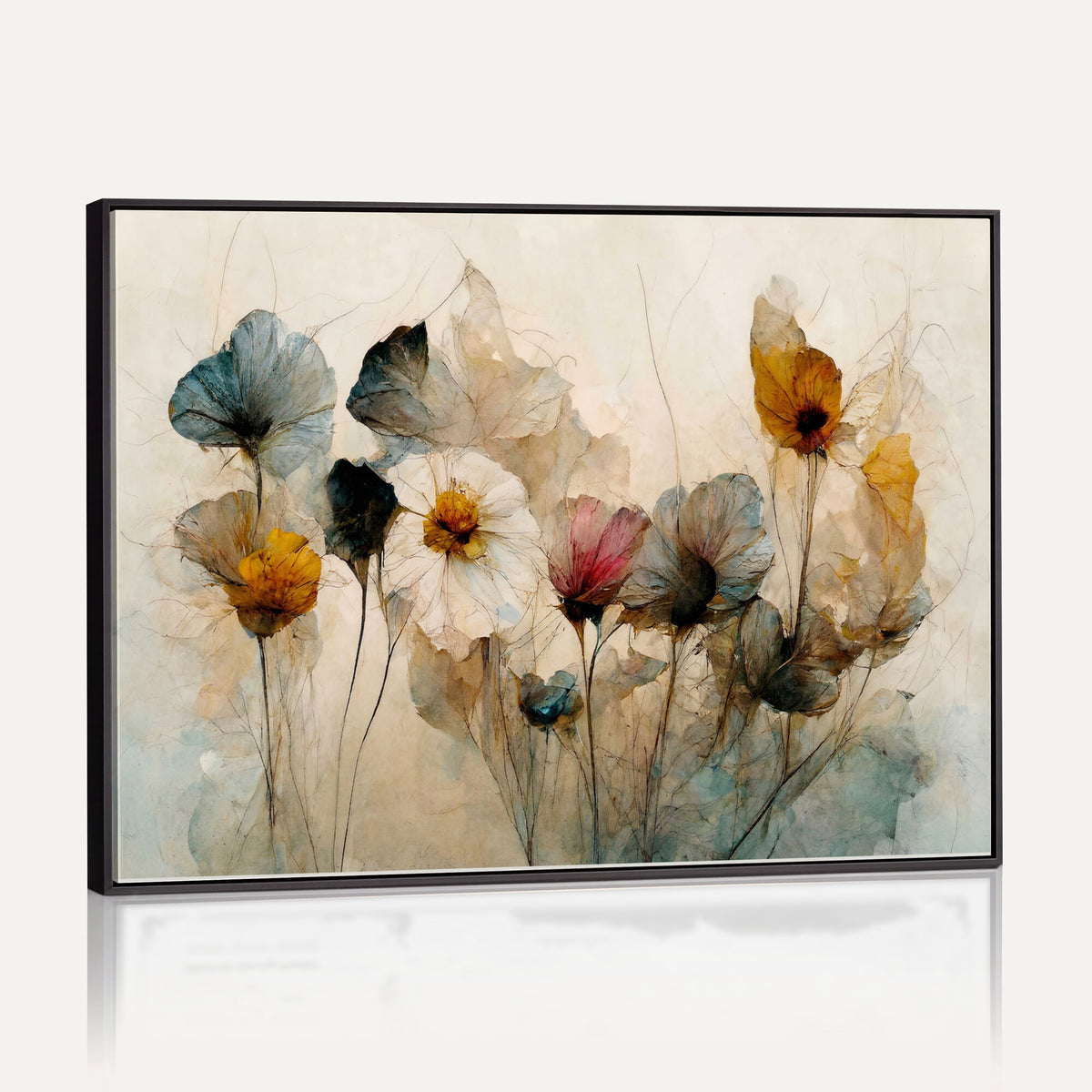 86802229-MGV-CV-36X24 - Vintage Dried Floral Meadow Wall Art Canvas Print, Translucent Watercolor Flowers Painting Print