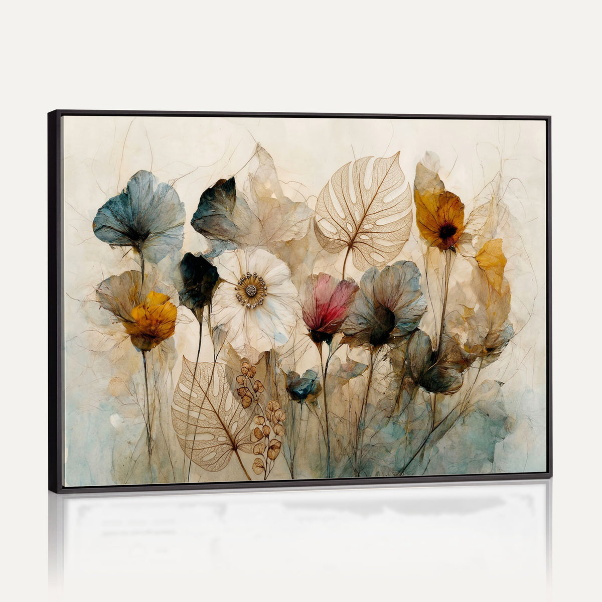 93171612-MGV-CV-36X24 - Vintage Dried Floral Meadow Wall Art Canvas Print, Translucent Watercolor Flowers Painting Print