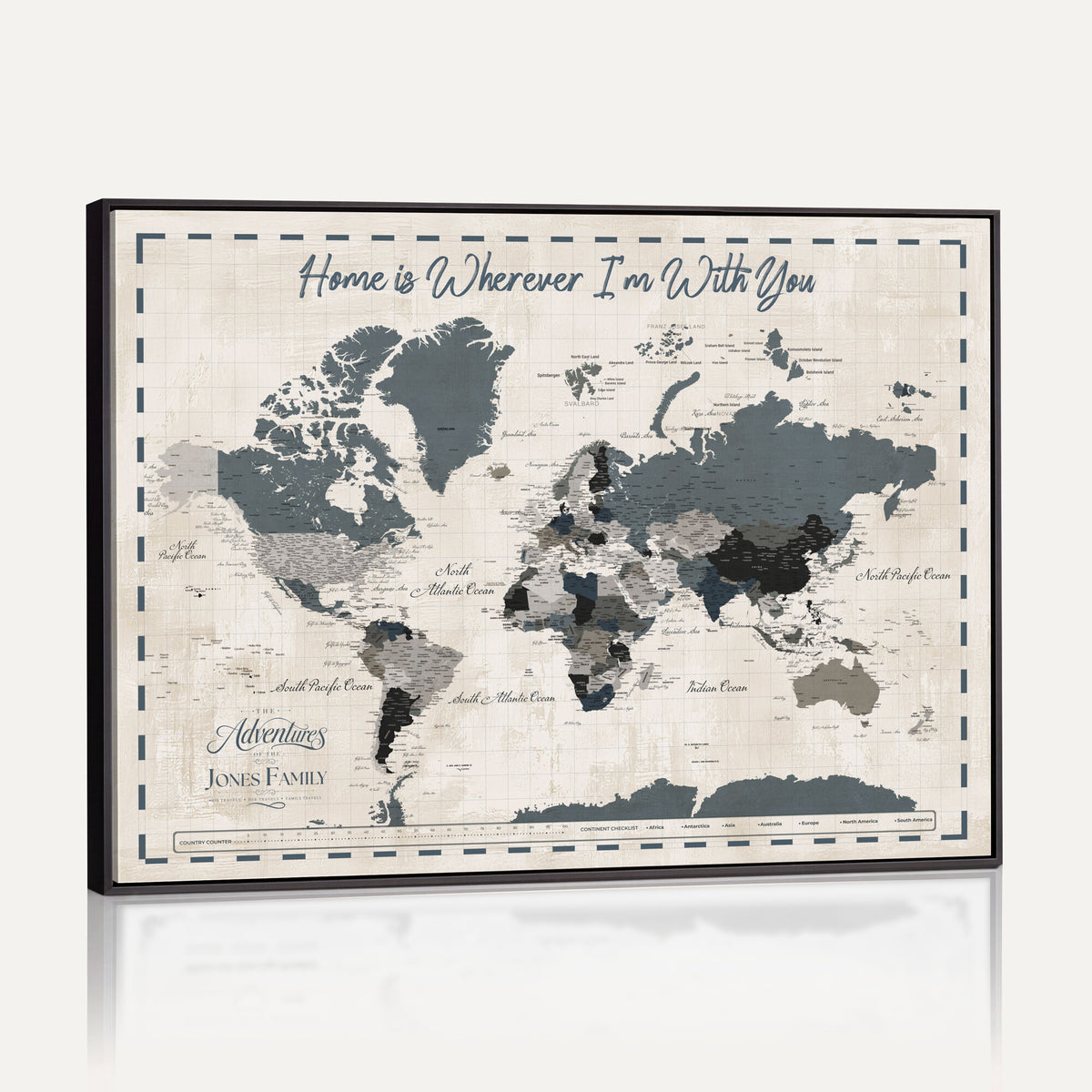 400867164-MGV-CV-36X24 - Framed Blue Custom Push Pin World Map Canvas Print – Personalized Travel Map Wall Art