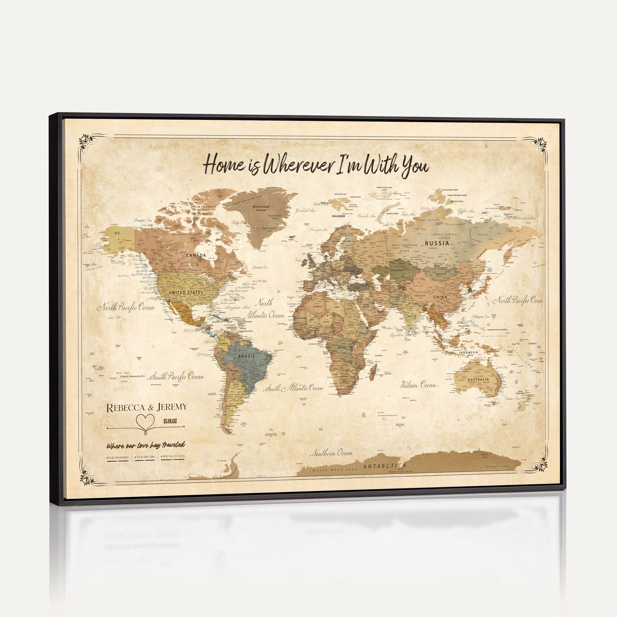 40086165SP-MGV-CV-36X24 - Custom Push Pin Travel Map Canvas Print, Cream Personalized Travel Tracker Map, Anniversary Gift, Vintage World Map Wall Art