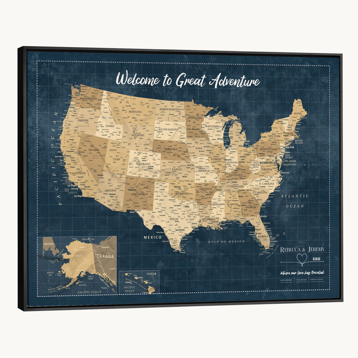 58851035-MGV-CV-36X24 - Custom Cream Push Pin USA Map Canvas Print, 50 State Bucket List Map, Family Room and Hallway Decor