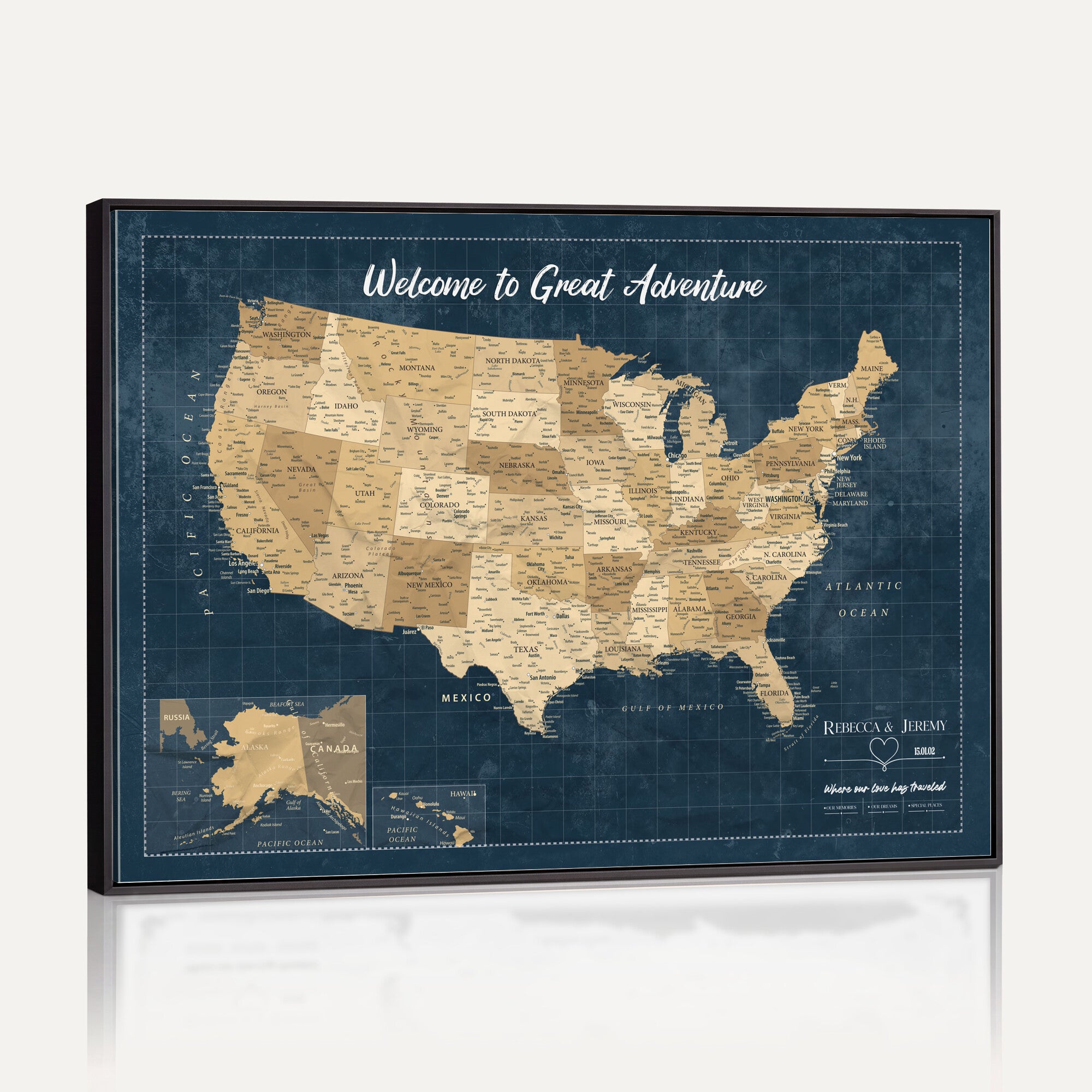 58851035-MGV-CV-36X24 - Custom Push Pin Travel USA Map Canvas Print, Cream Personalized Travel Tracker America Map, Anniversary Traveler Gift