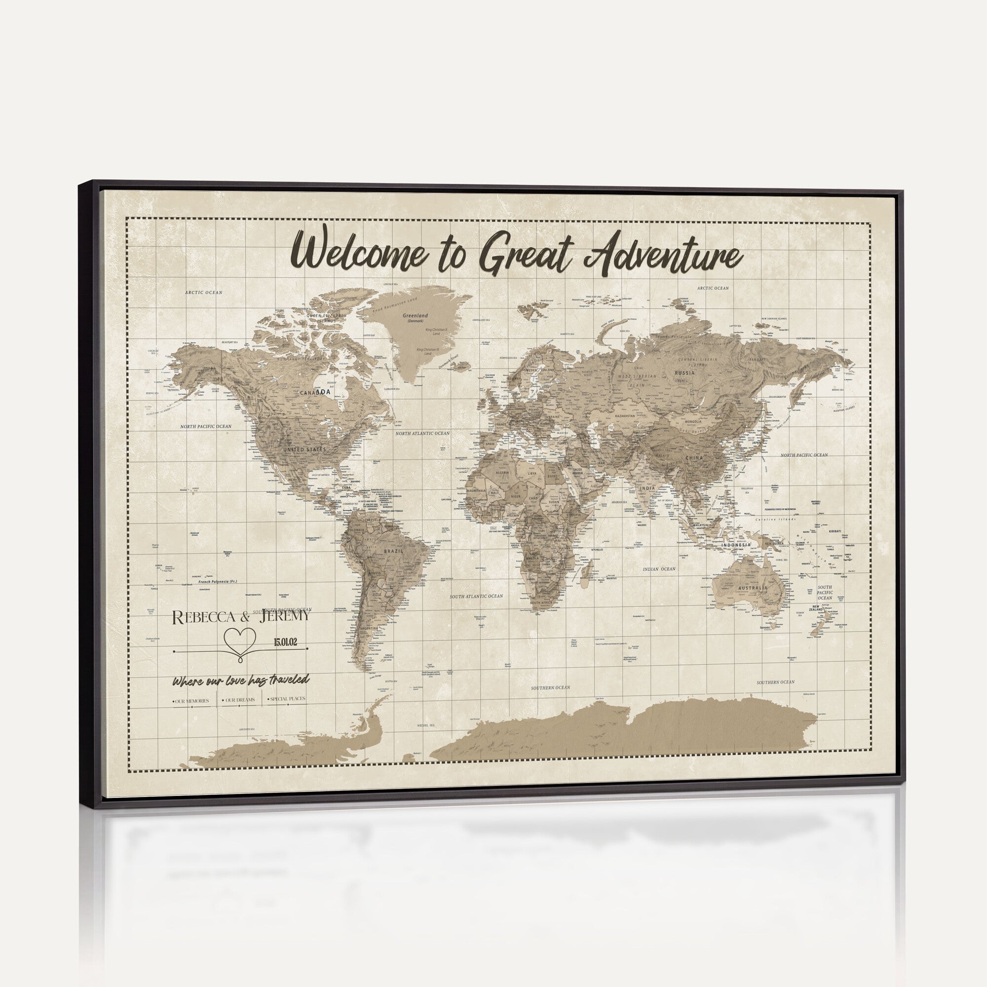 51180020-MGV-CV-36X24 - Custom Push Pin Travel Map Canvas Print, Cream Personalized Travel Tracker Map, Anniversary Gift, Vintage World Map Wall Art