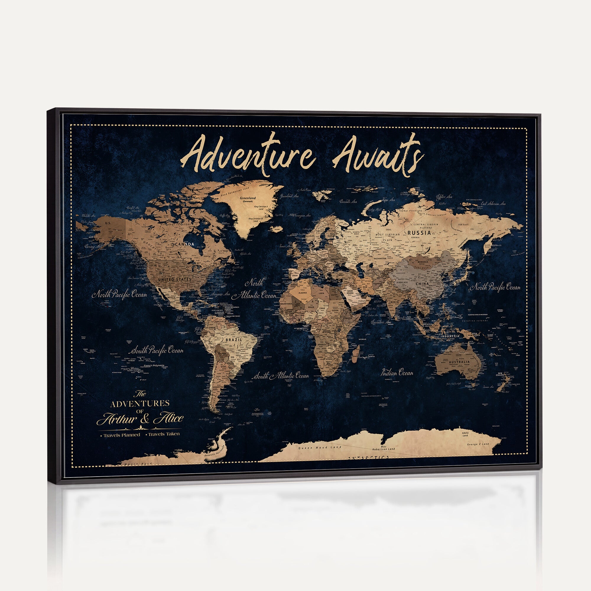 57167164-MGV-CV-36X24 - Custom Push Pin Travel Map Canvas Print, Navy Blue Personalized Travel Tracker Map, Anniversary Gift, Vintage World Map Wall Art