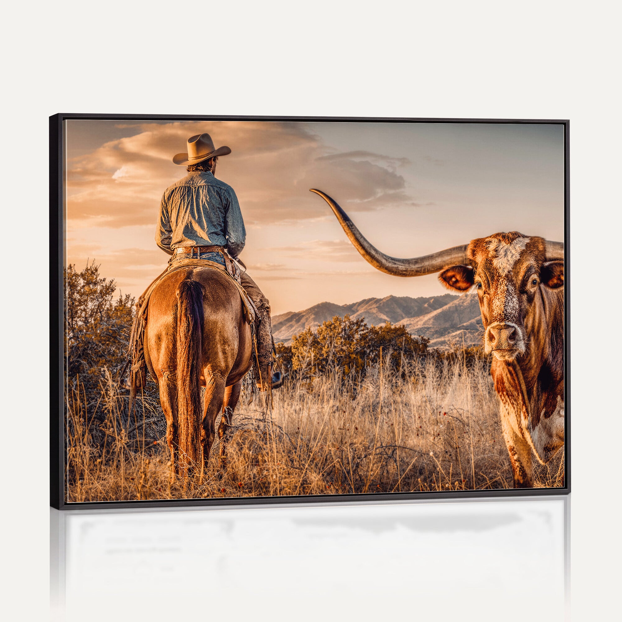 62076449C-MGV-CV-36X24 - Texas Cowboy and Longhorn Bull Print for Western Wall Art Decor for Farmhouse