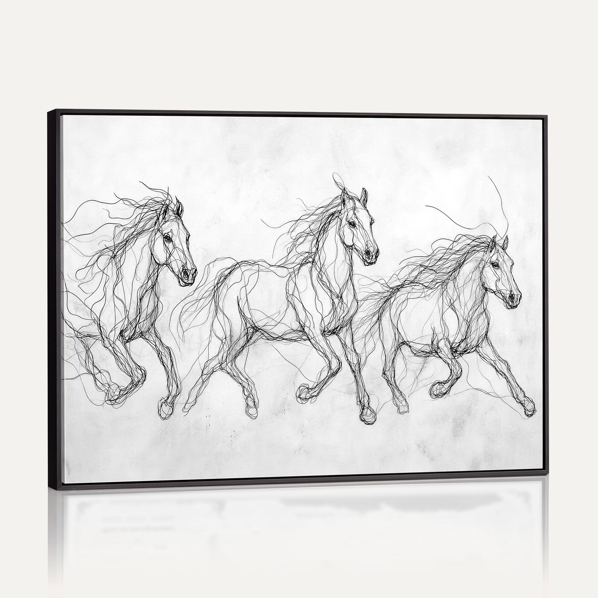 53600119-MGV-CV-36X24 - Monochrome Horse Canvas Wall Art, Black Ink Sketch Wild Horses Print, Minimalist Equestrian Artwork, Modern Abstract Line Decor, Urban Loft Gift
