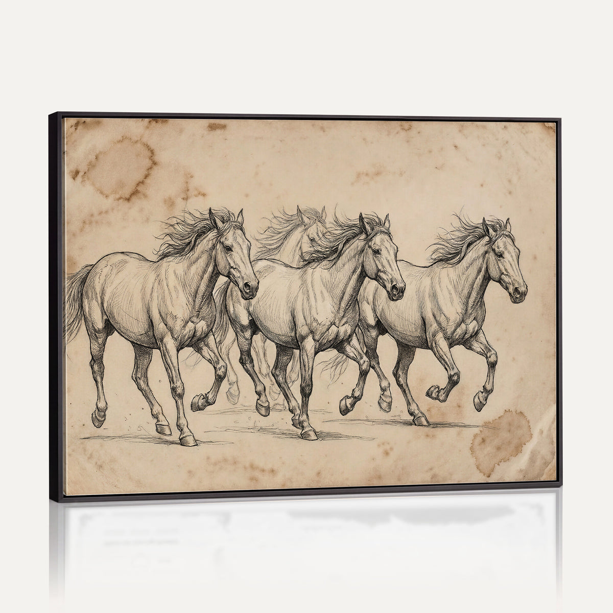 56046981-MGV-CV-36X24 - Sepia Wild Horses Canvas Art, Antique Pencil Drawing Print, Vintage Gallery Wall Decor, Rustic Equestrian Artwork, Traditional Den Gift
