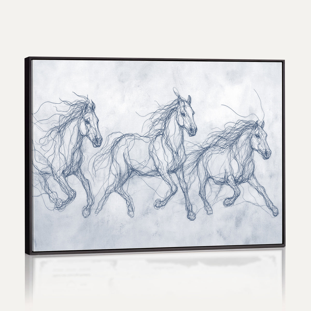 41163601-MGV-CV-36X24 - Indigo Blue Horse Line Art Canvas, Steel Grey Wild Horses Print, Abstract Navy Scribble Artwork, Modern Slate Equine Wall Decor, Coastal Ranch Gift