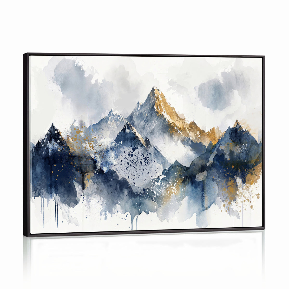 87460616-MGV-CV-36X24 - Abstract Mountain Canvas Wall Art, Blue Gold Foil Landscape Print, Modern Indigo Wall Decor