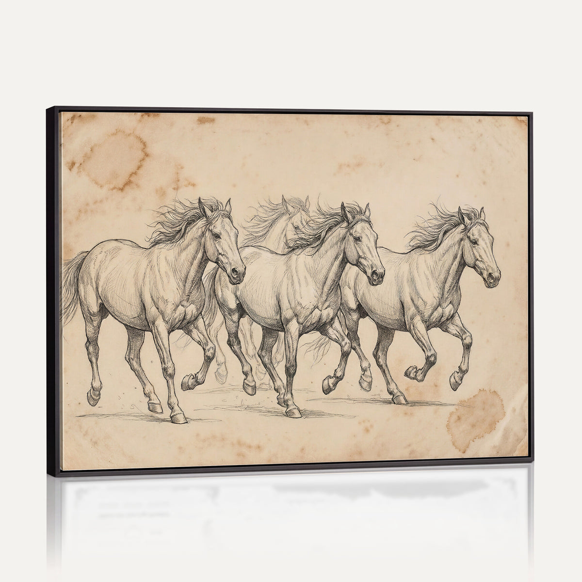 16644391-MGV-CV-36X24 - Vintage Horse Sketch Canvas Wall Art, Wild Horses Pencil Drawing Print, Antique Parchment Western Decor, Equine Sketching, Country Manor Gift
