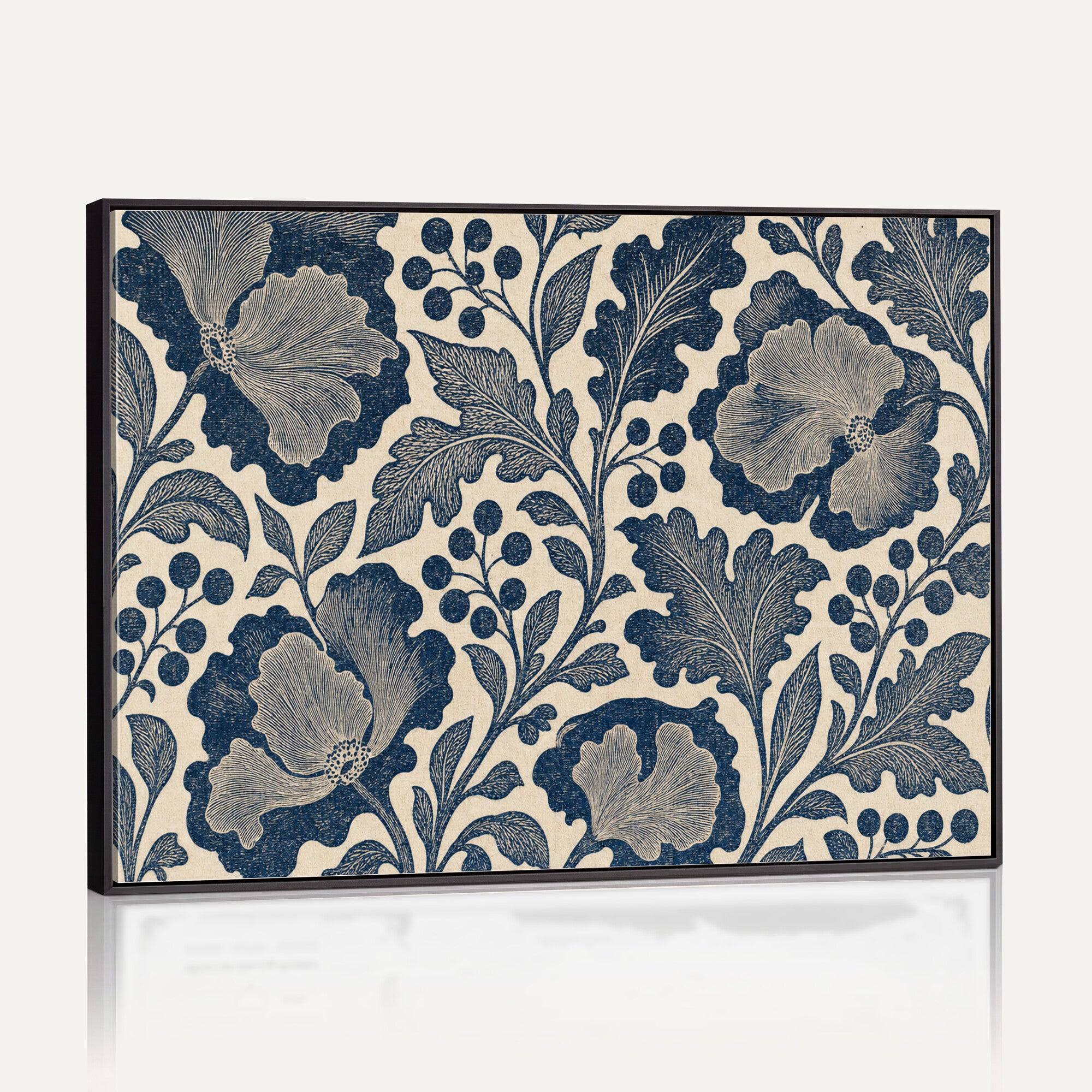 23824002-MGV-CV-36X24 - William Morris Style Navy Blue Floral Wall Art Canvas Print, Vintage Cream Botanical Painting Print