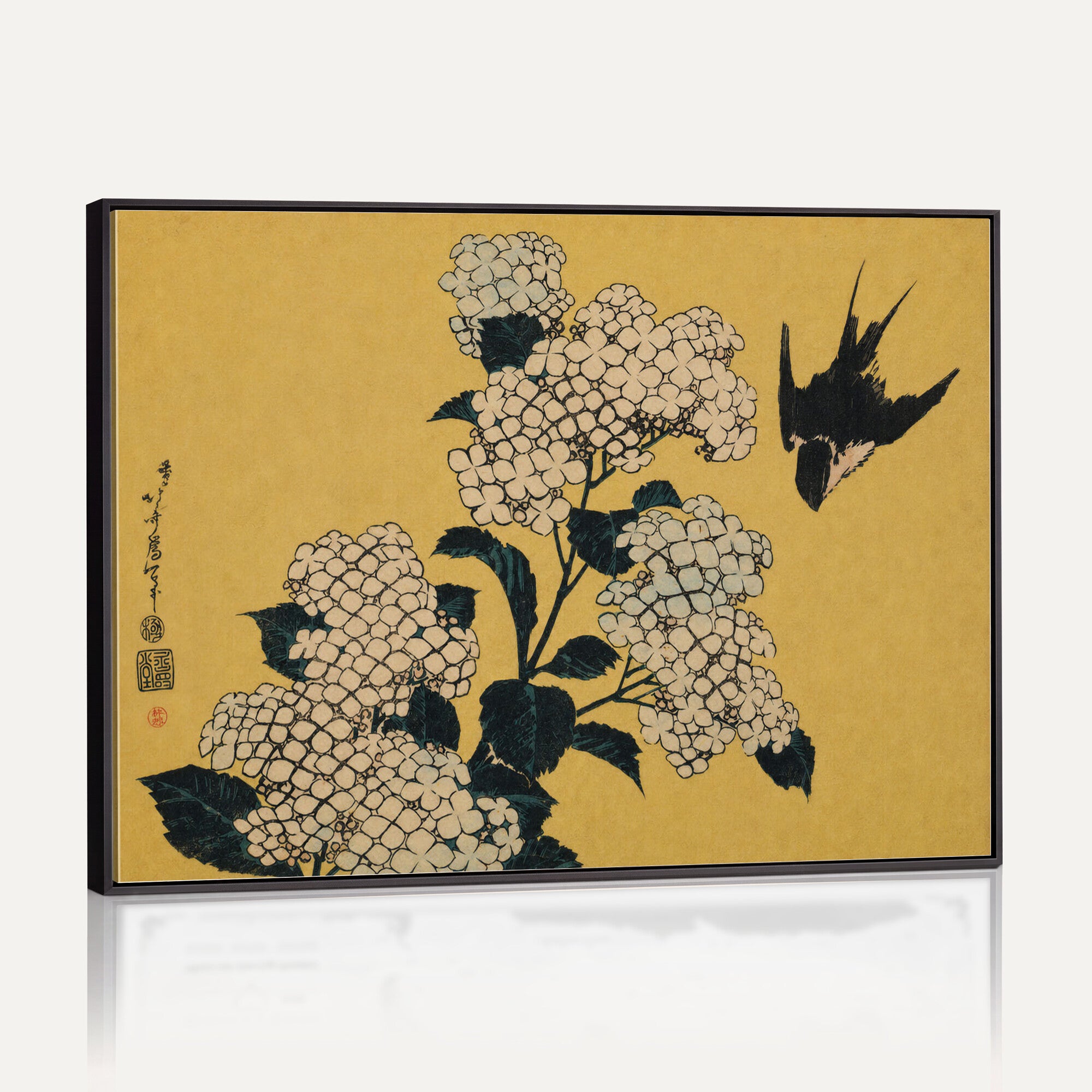 92483501-MGV-CV-36X24 - Katsushika Hokusai Hydrangea and Swallow Wall Art Canvas Print, Japanese Woodblock Painting Print