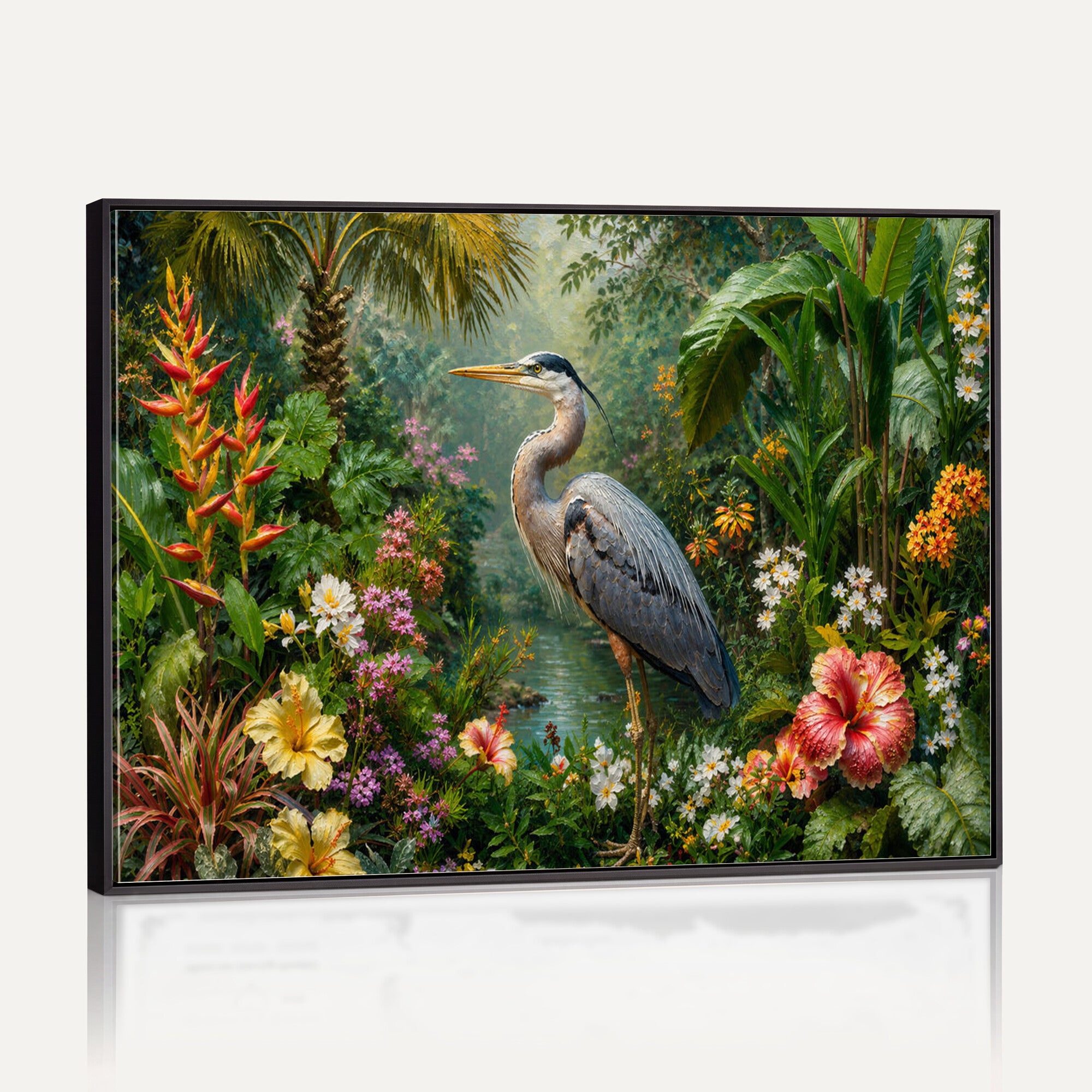 81059387-MGV-CV-36X24 - Great Blue Heron Tropical Jungle Wall Art Canvas Print, Exotic Botanical Garden Painting Print