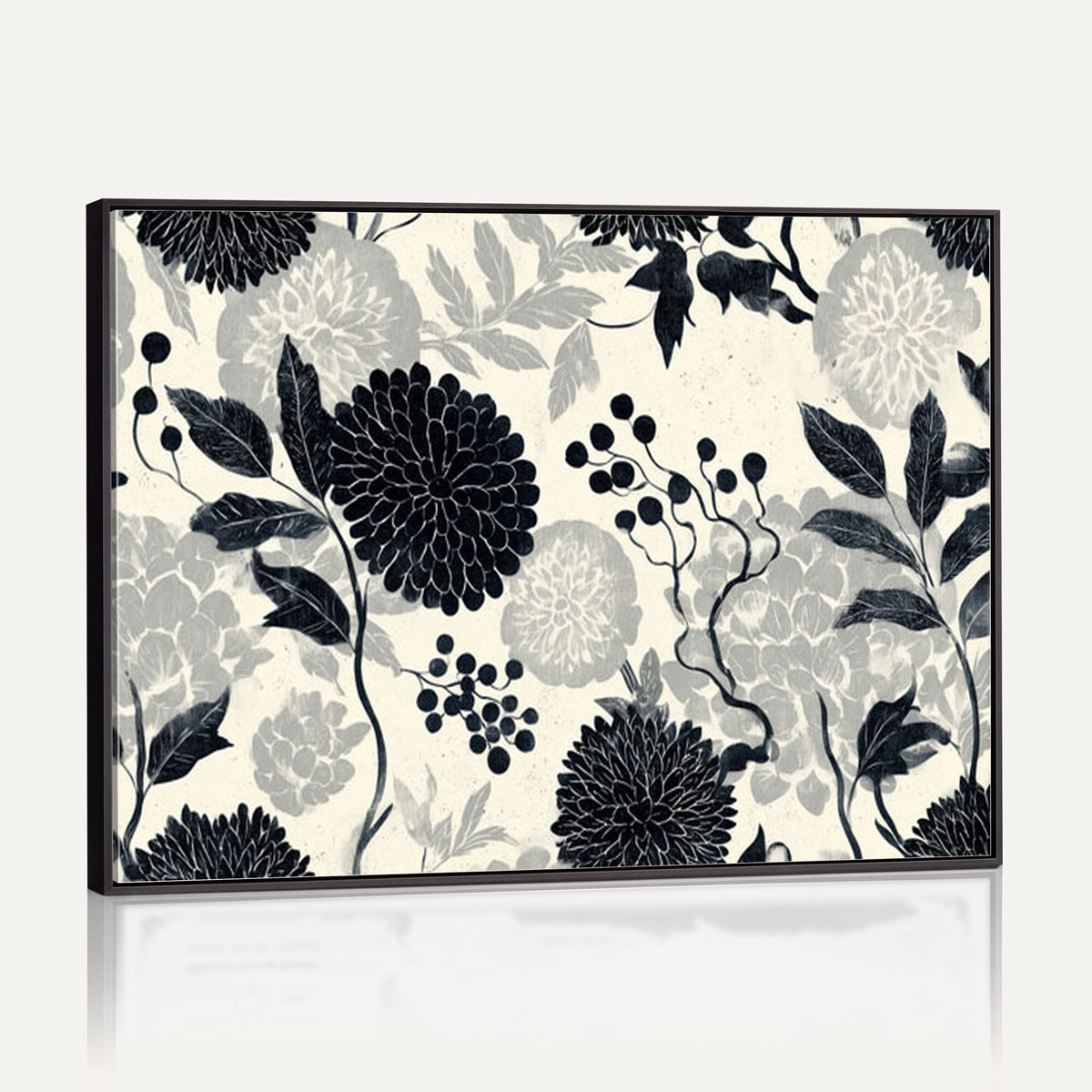 61524791-MGV-CV-36X24 - Vintage Black Chrysanthemum Wall Art Canvas Print, Monochrome Dhalia Floral Painting Print