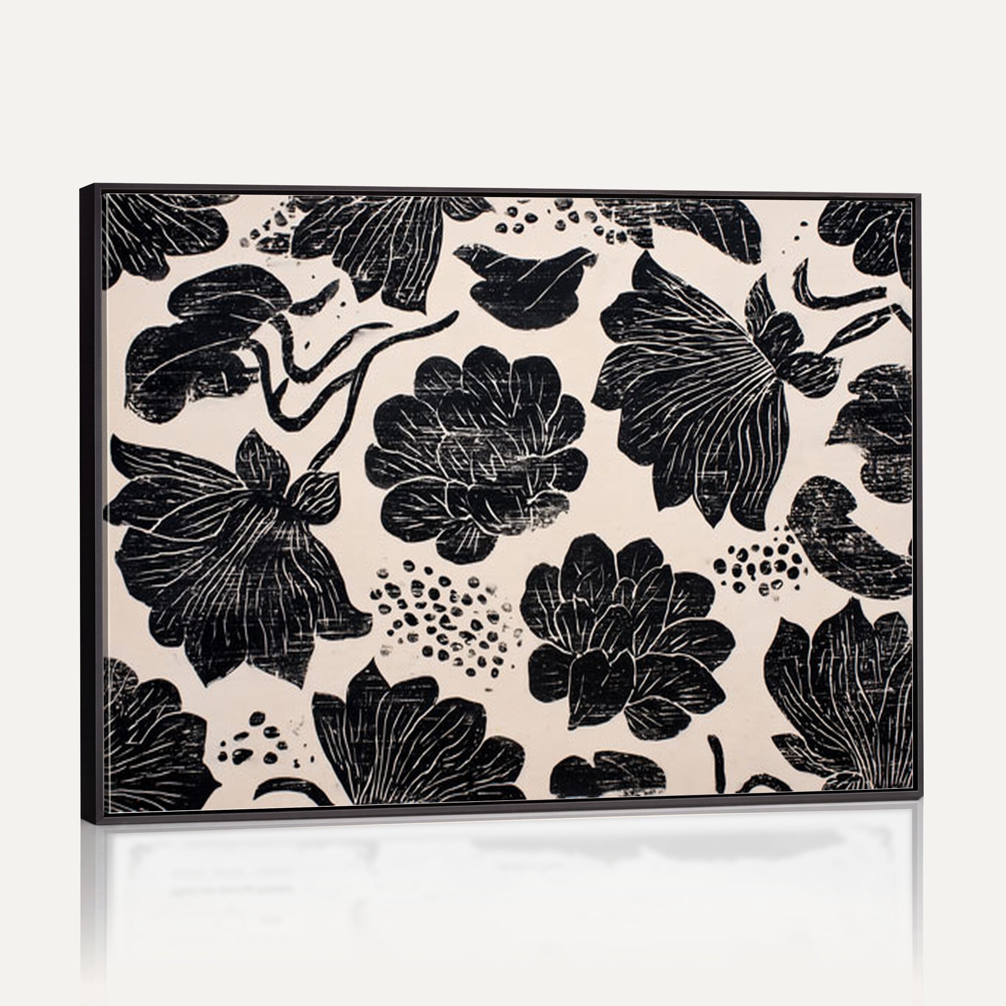 81787117-MGV-CV-36X24 - Linocut Black Lotus Floral Wall Art Canvas Print, Vintage Monochrome Botanical Painting Print