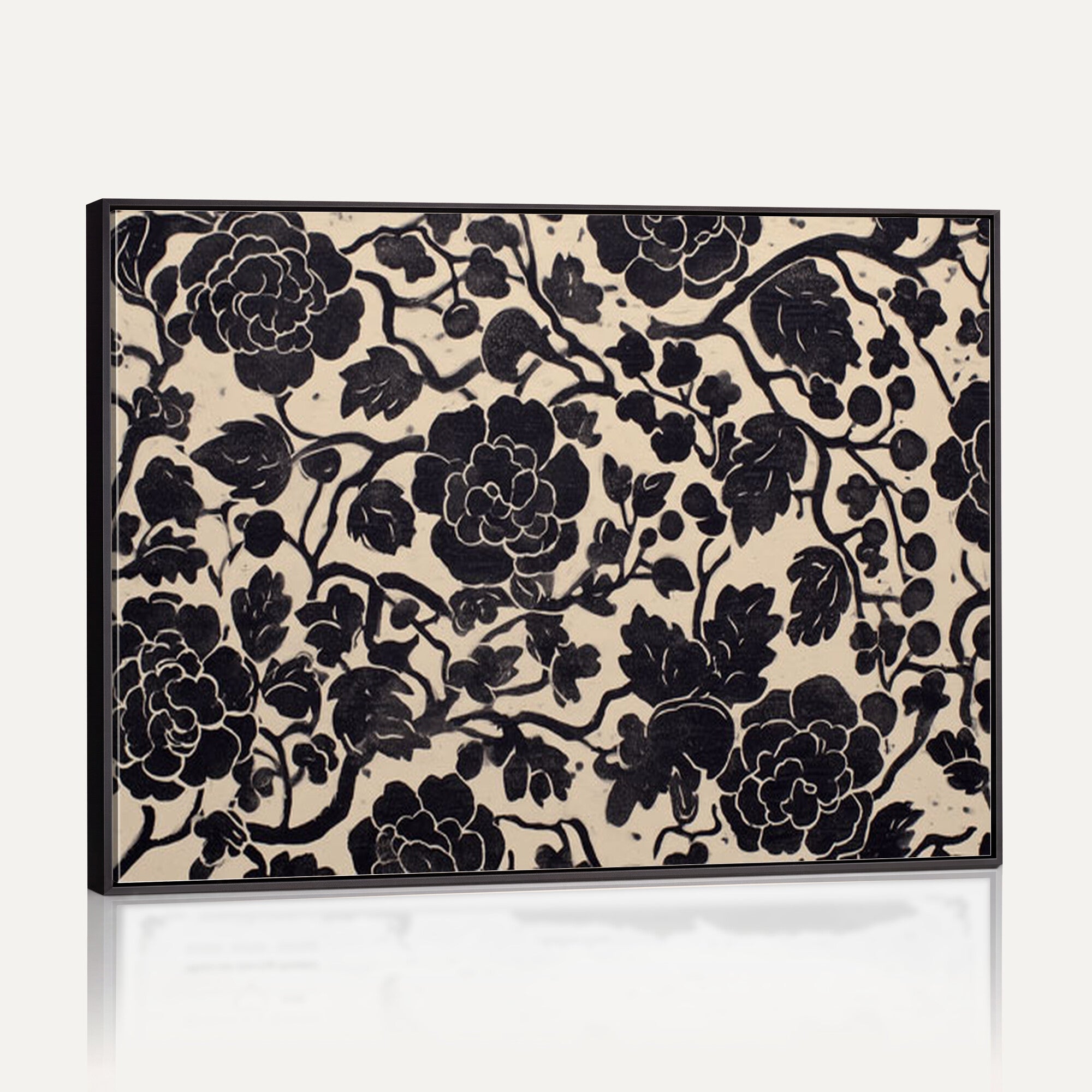 86696255-MGV-CV-36X24 - Vintage Black and Cream Floral Wall Art Canvas Print, Chinoiserie Botanical Painting Print