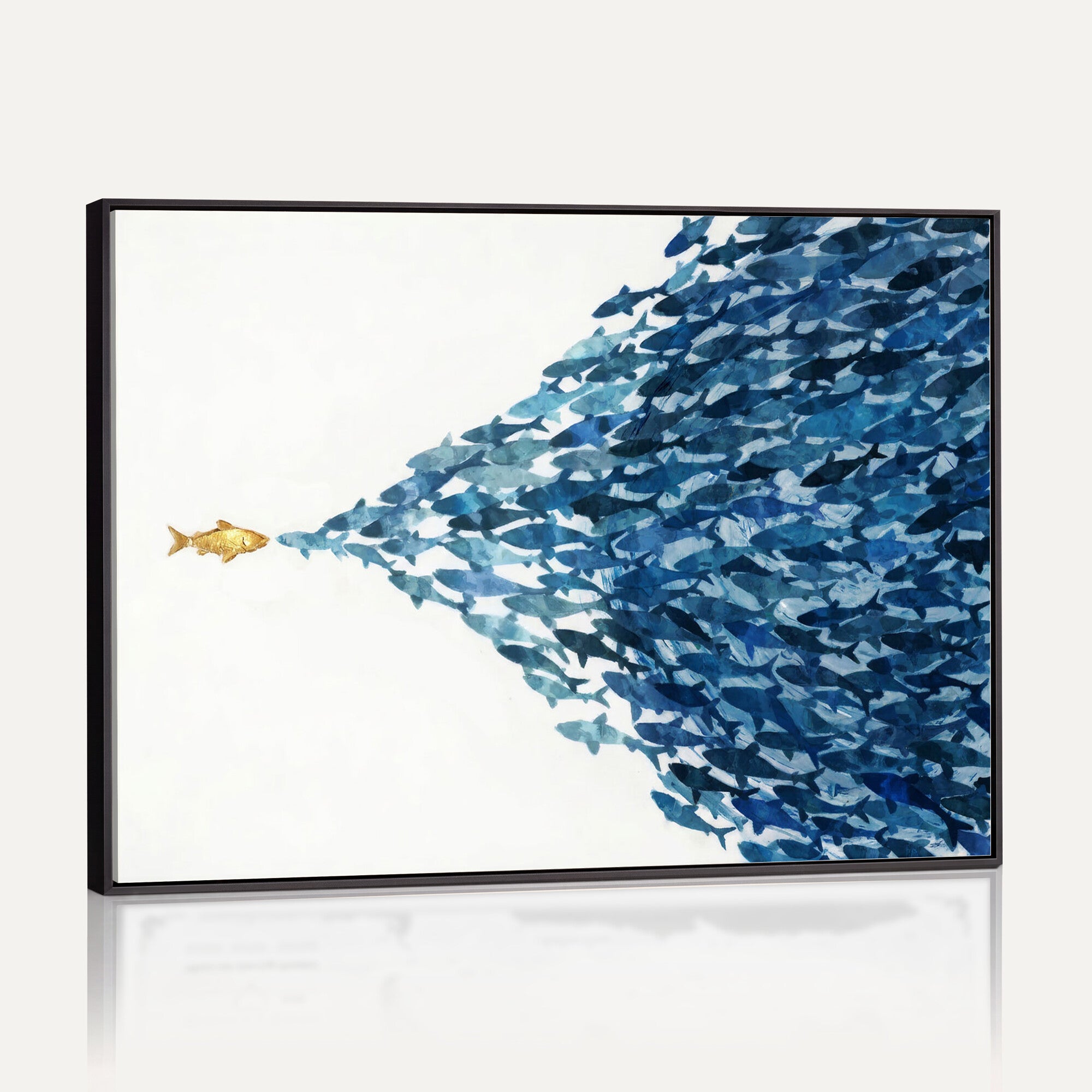 79089639-MGV-CV-36X24 - Abstract Blue Fish School Canvas Wall Art, Gold Foil Accent Marine Print