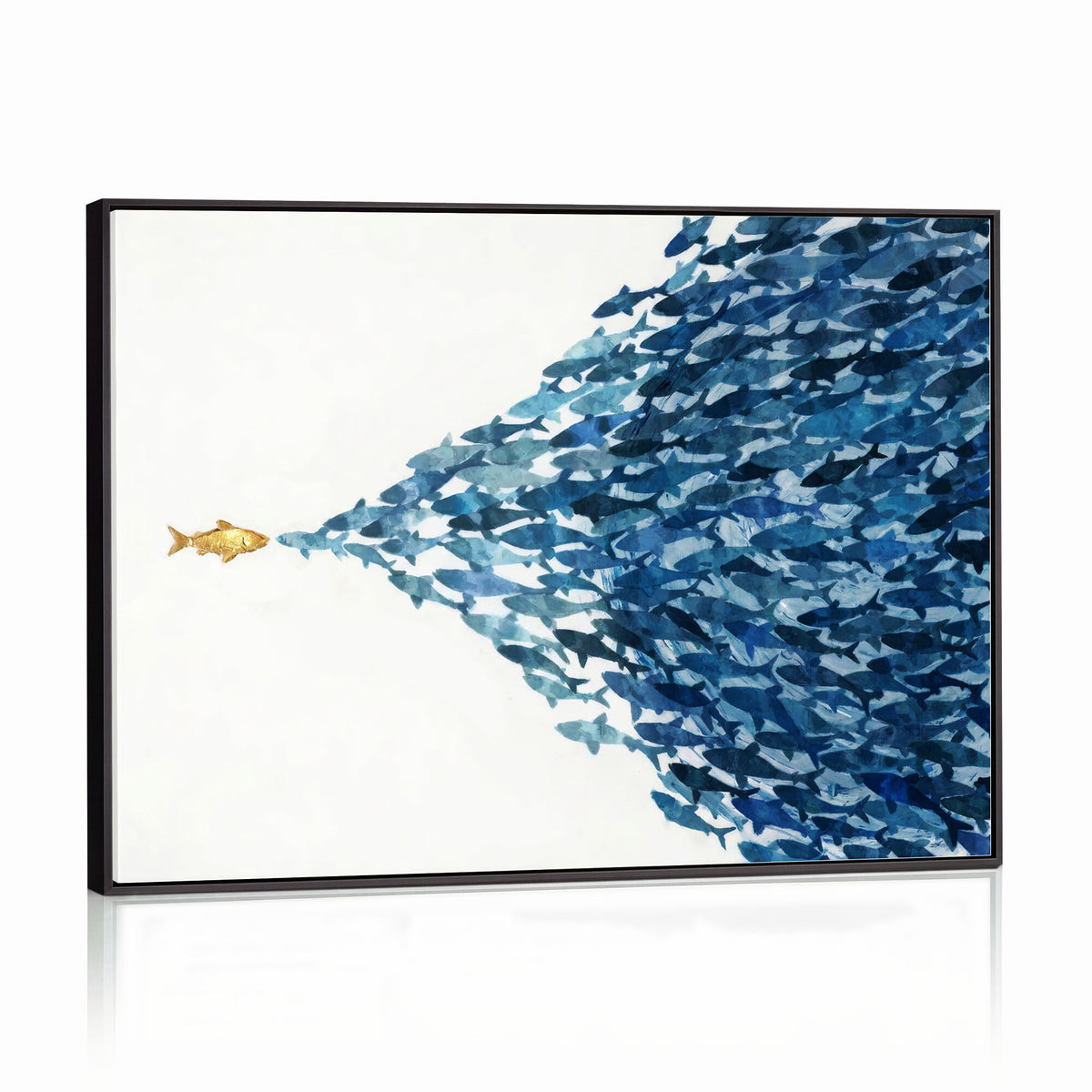79089639-MGV-CV-36X24 - Abstract Blue Fish School Canvas Wall Art, Gold Foil Accent Marine Print