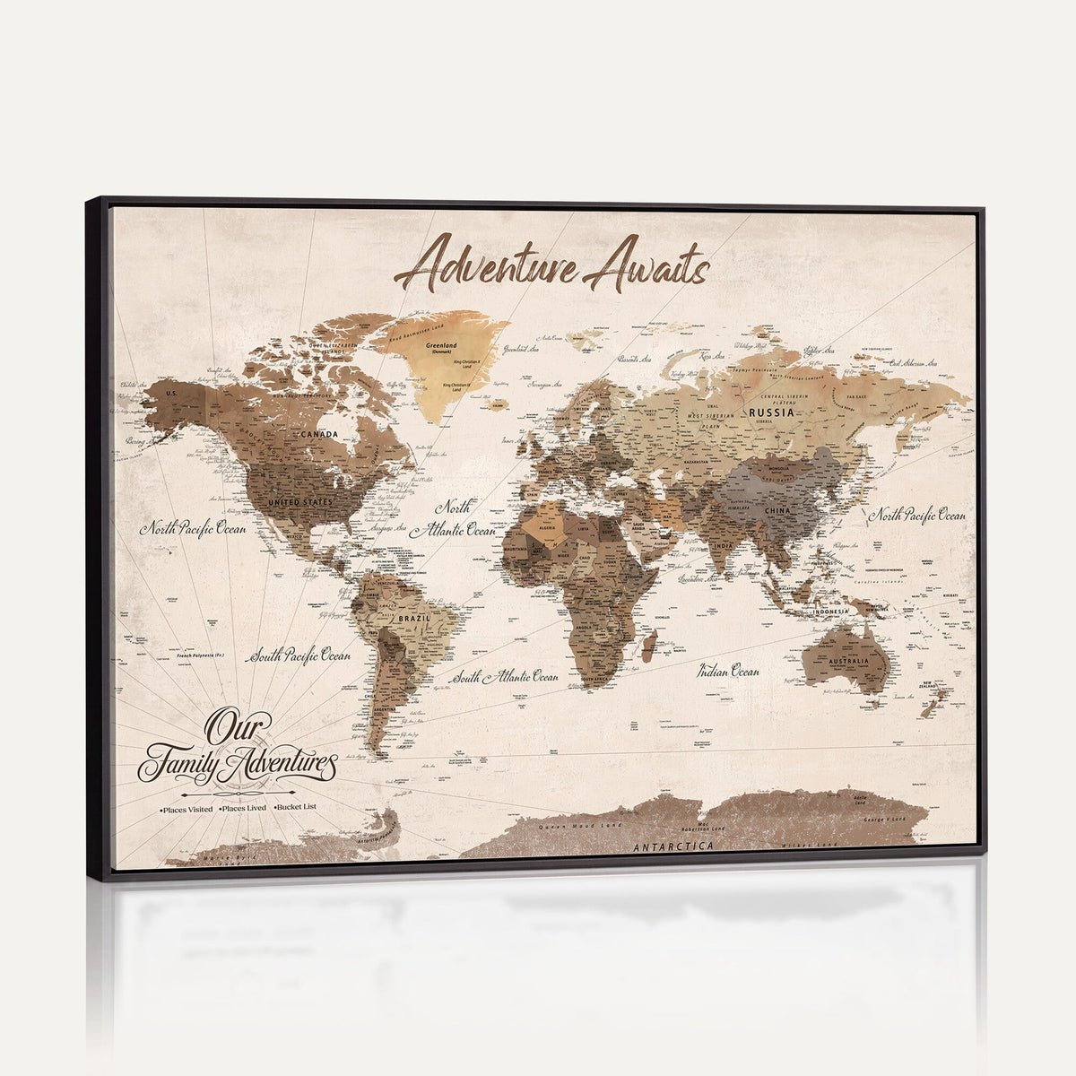 84865191-MGV-CV-36X24 - Our Family Adventures Push Pin World Map Wall Art Canvas Print - Family Travel Tracker Map with Pins