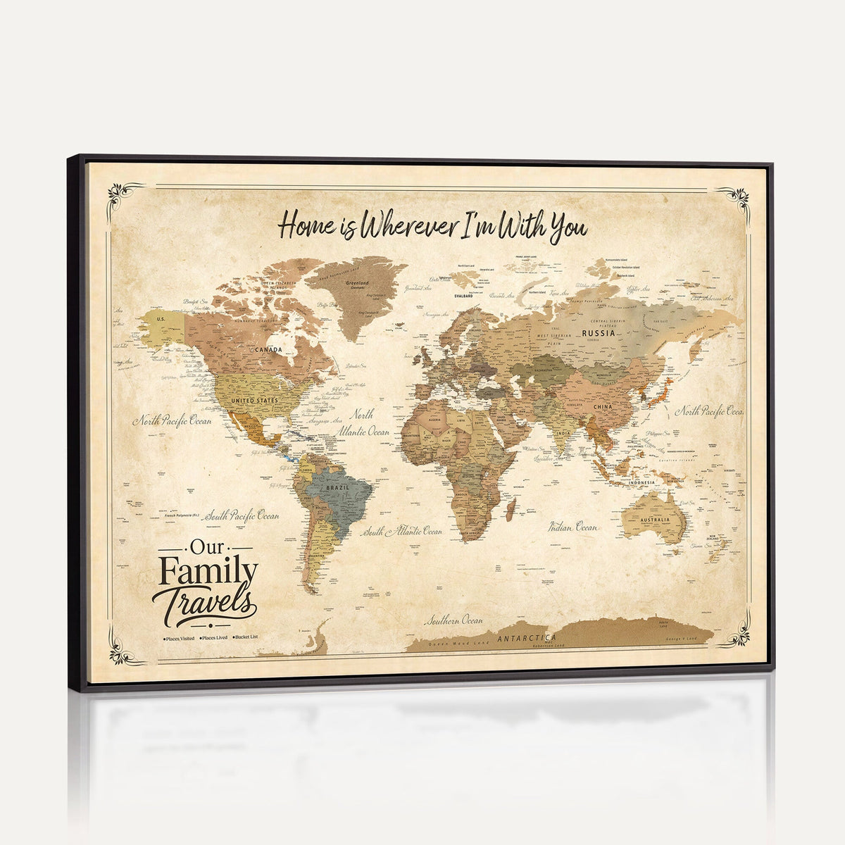 94272126-MGV-CV-36X24 - Our Family Adventures Push Pin World Map Wall Art Canvas Print - Family Travel Tracker Map with Pins