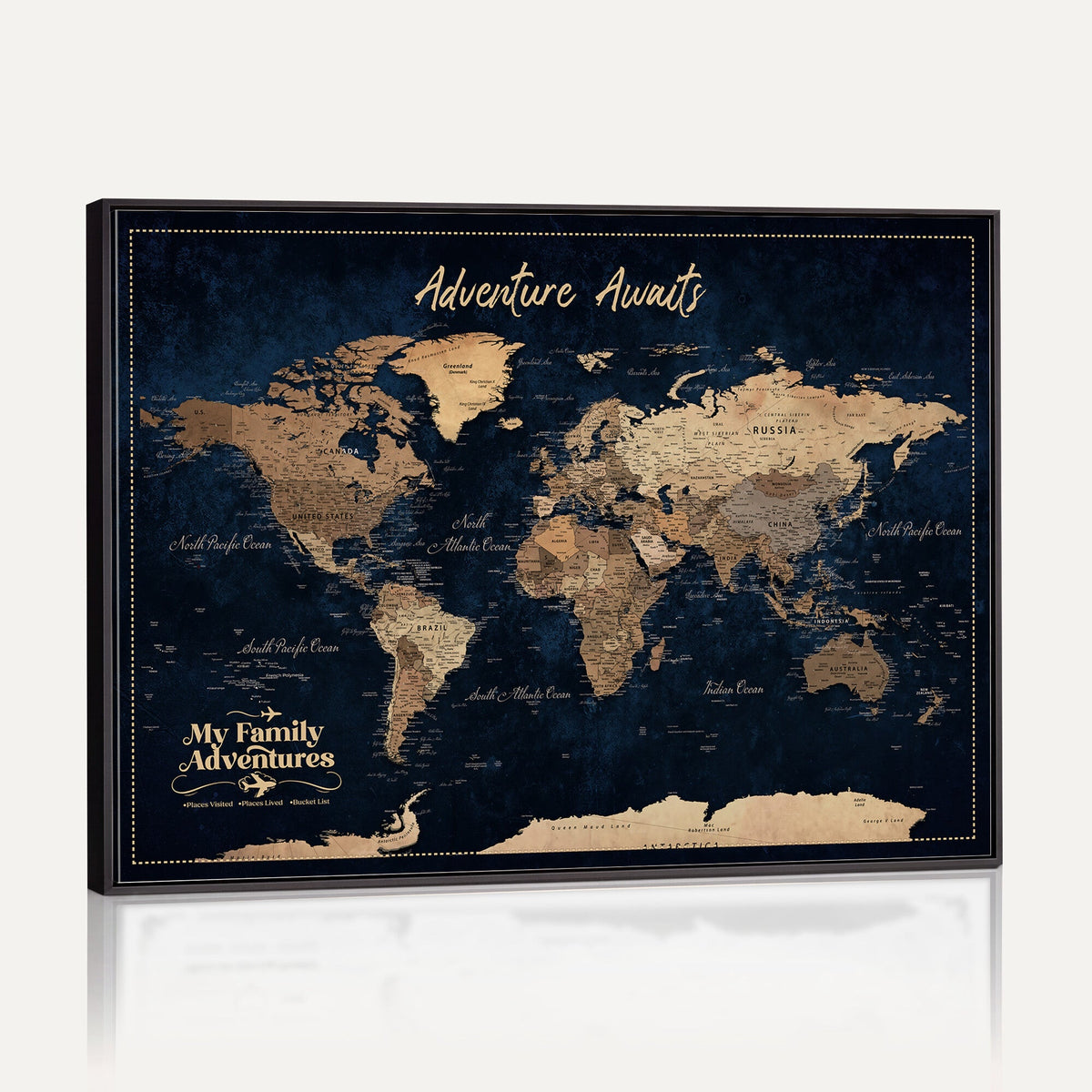 82827666-MGV-CV-36X24 - Our Family Adventures Push Pin World Map Wall Art Canvas Print - Family Travel Tracker Map with Pins