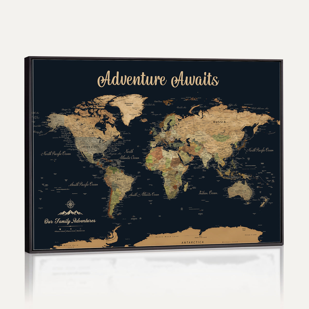 88994085-MGV-CV-36X24 - Our Family Adventures Push Pin World Map Wall Art Canvas Print - Family Travel Tracker Map with Pins
