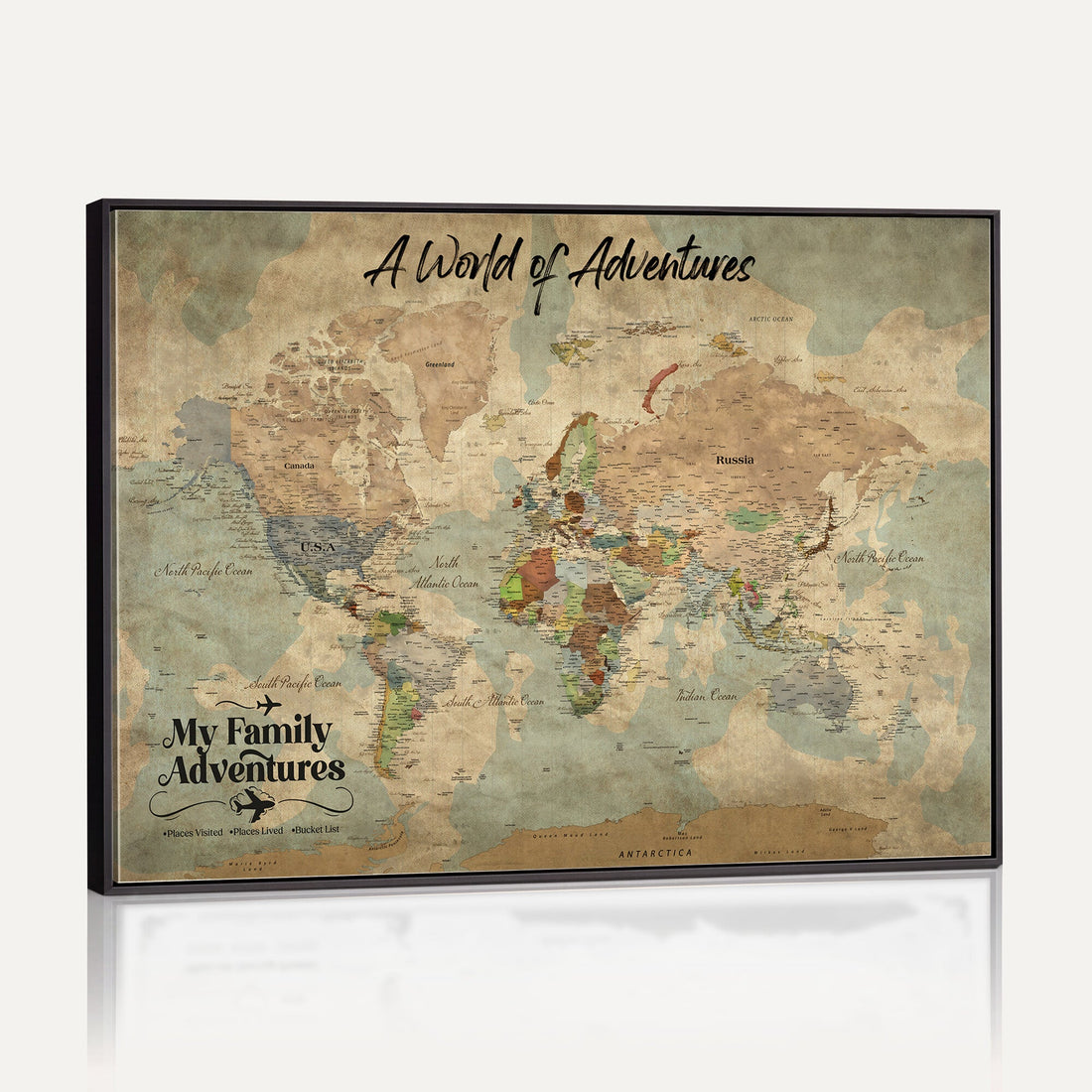Personalized Family Adventure Map with Push Pins, World Travel Canvas Print