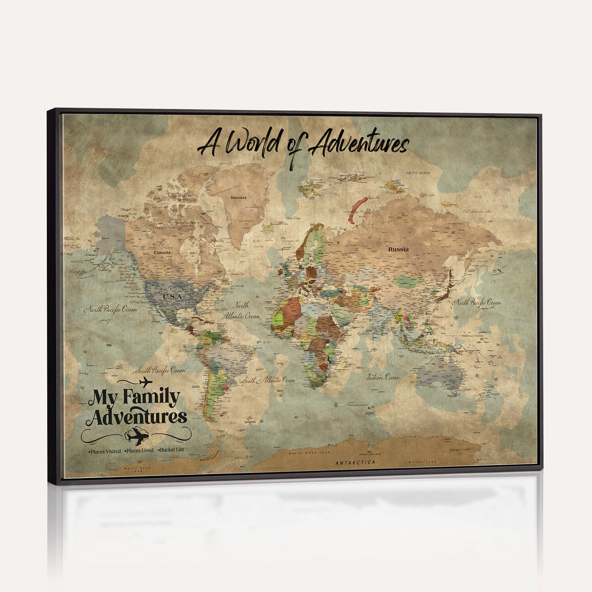 57377793-MGV-CV-36X24 - Our Family Adventures Push Pin World Map Wall Art Canvas Print - Family Travel Tracker Map with Pins