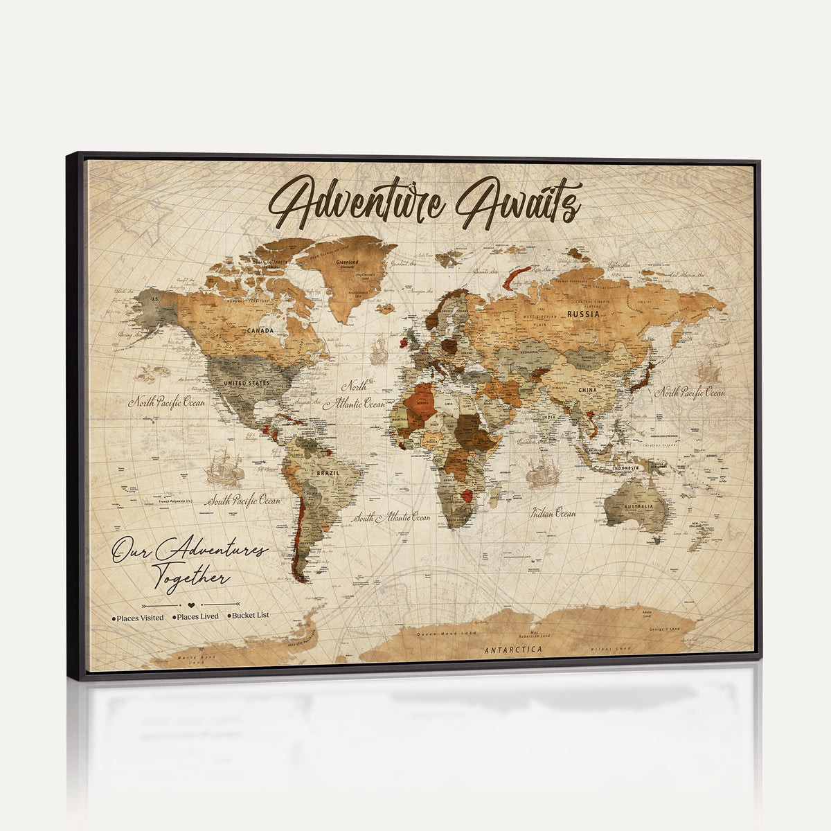 94237870-MGV-CV-36X24 - Our Family Adventures Push Pin World Map Wall Art Canvas Print - Family Travel Tracker Map with Pins