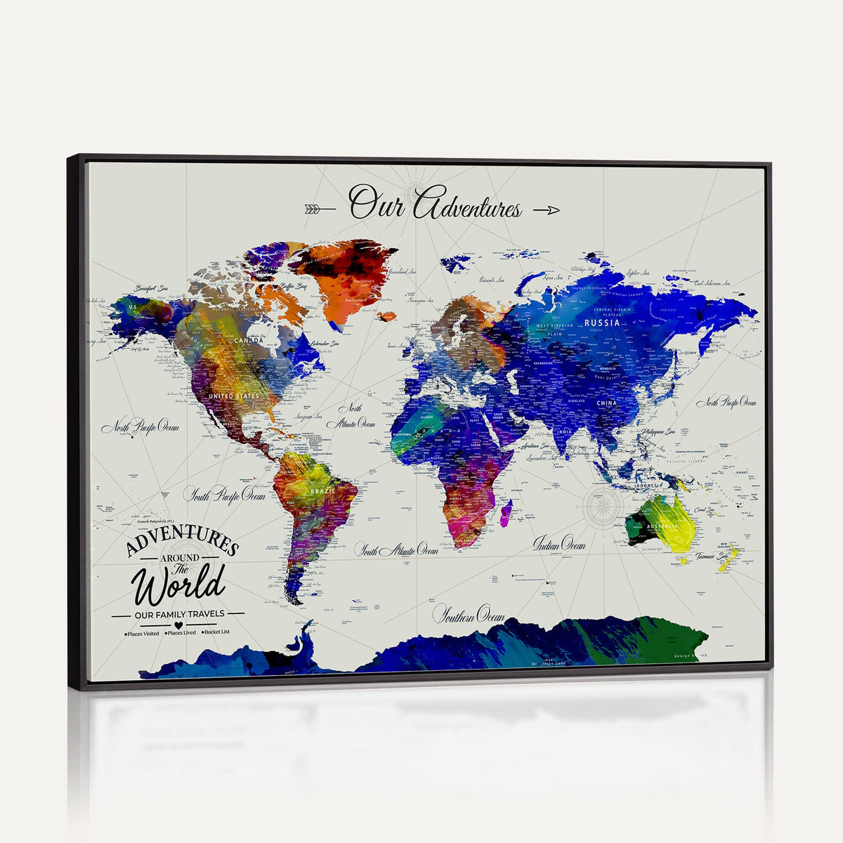 88162438-MGV-CV-36X24 - Our Family Adventures Push Pin World Map Wall Art Canvas Print | Family Travel Tracker Map with Pins