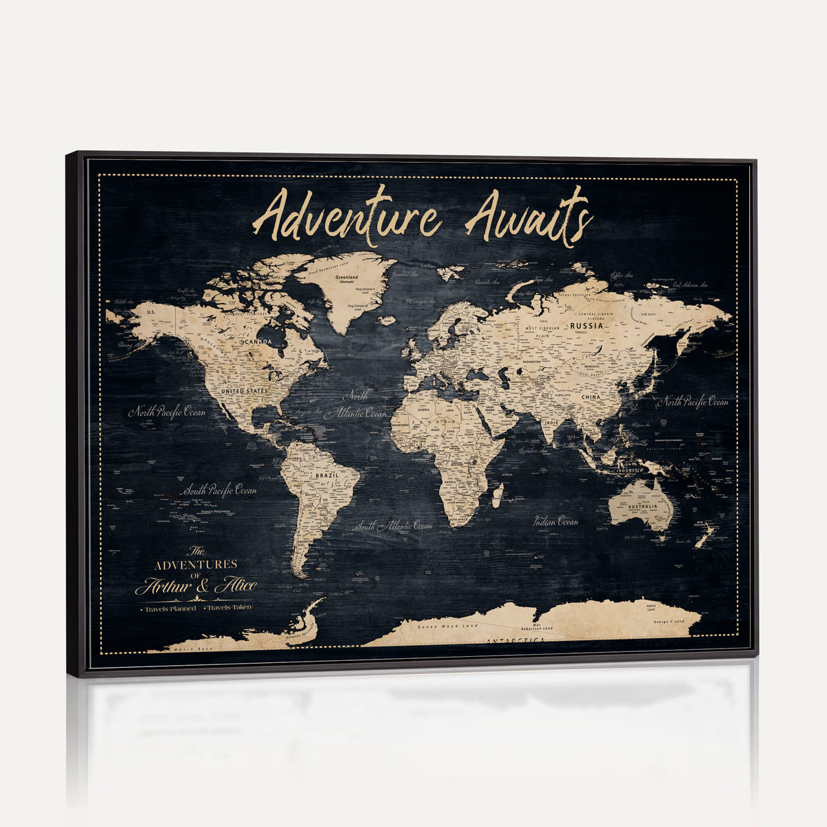 688173822-MGV-CV-36X24 - Extra Large Vintage Personalized Push Pin World Map Wall Art Canvas Print
